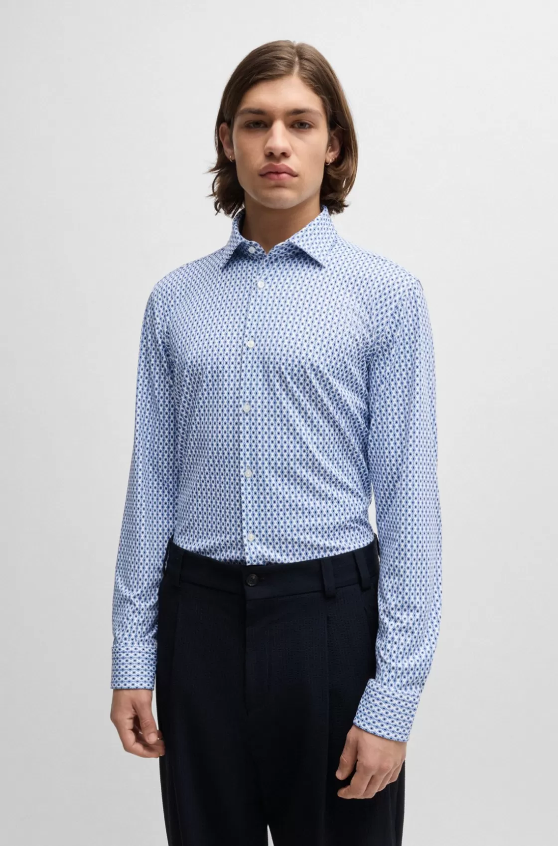 HUGO BOSS Slim-fit Shirt In Printed Performance-stretch Canvas Blue Cheap