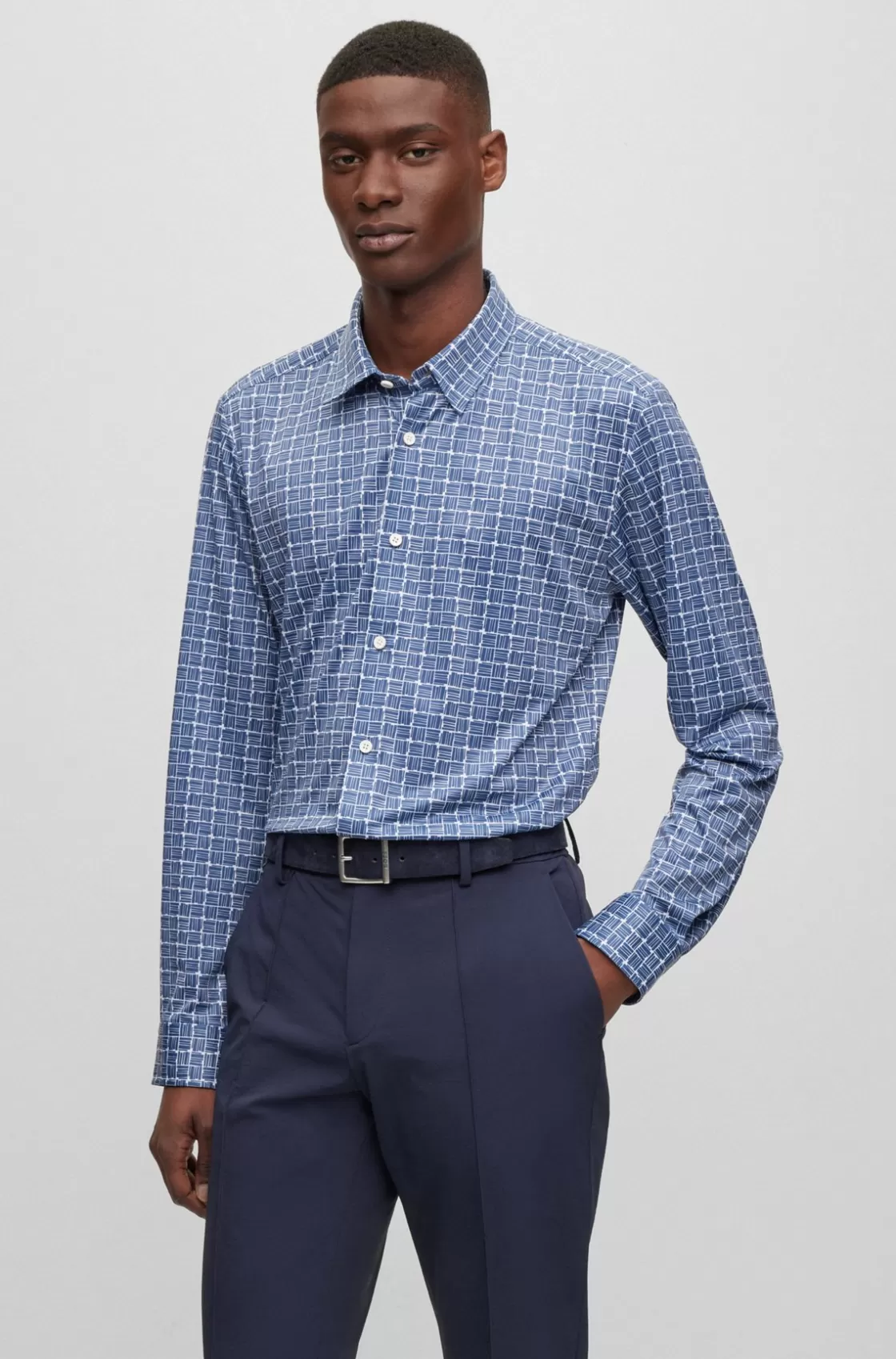 HUGO BOSS Slim-fit Shirt In Printed Performance-stretch Fabric Light Blue Fashion