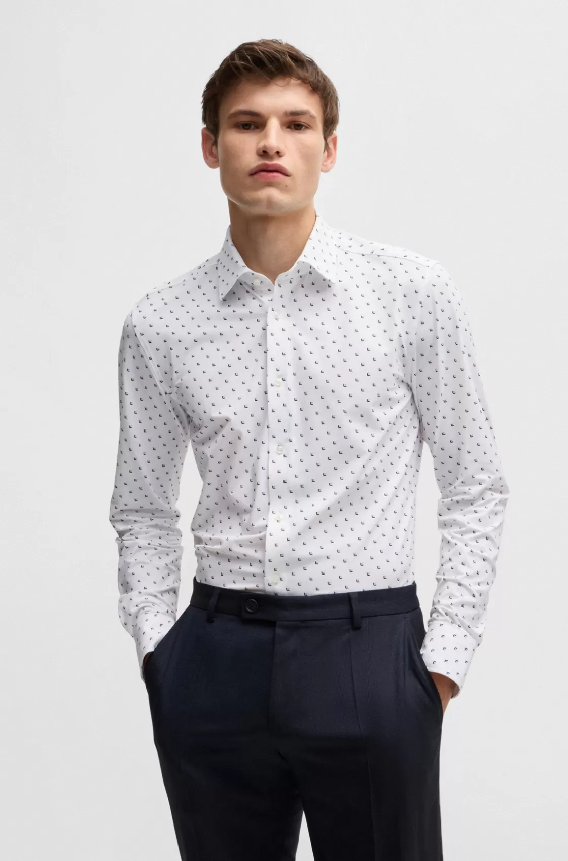 HUGO BOSS Slim-fit Shirt In Printed Performance-stretch Fabric White Hot