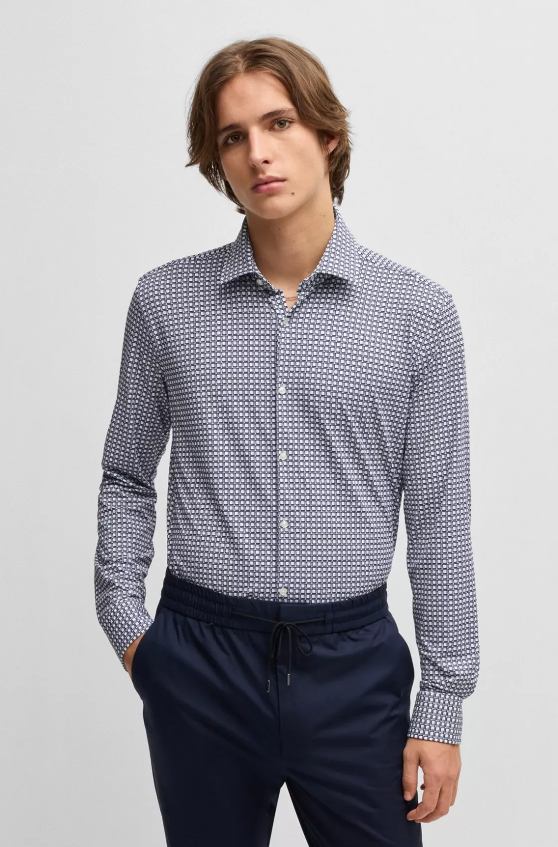 HUGO BOSS Slim-fit Shirt In Printed Performance-stretch Jersey Dark Blue Fashion