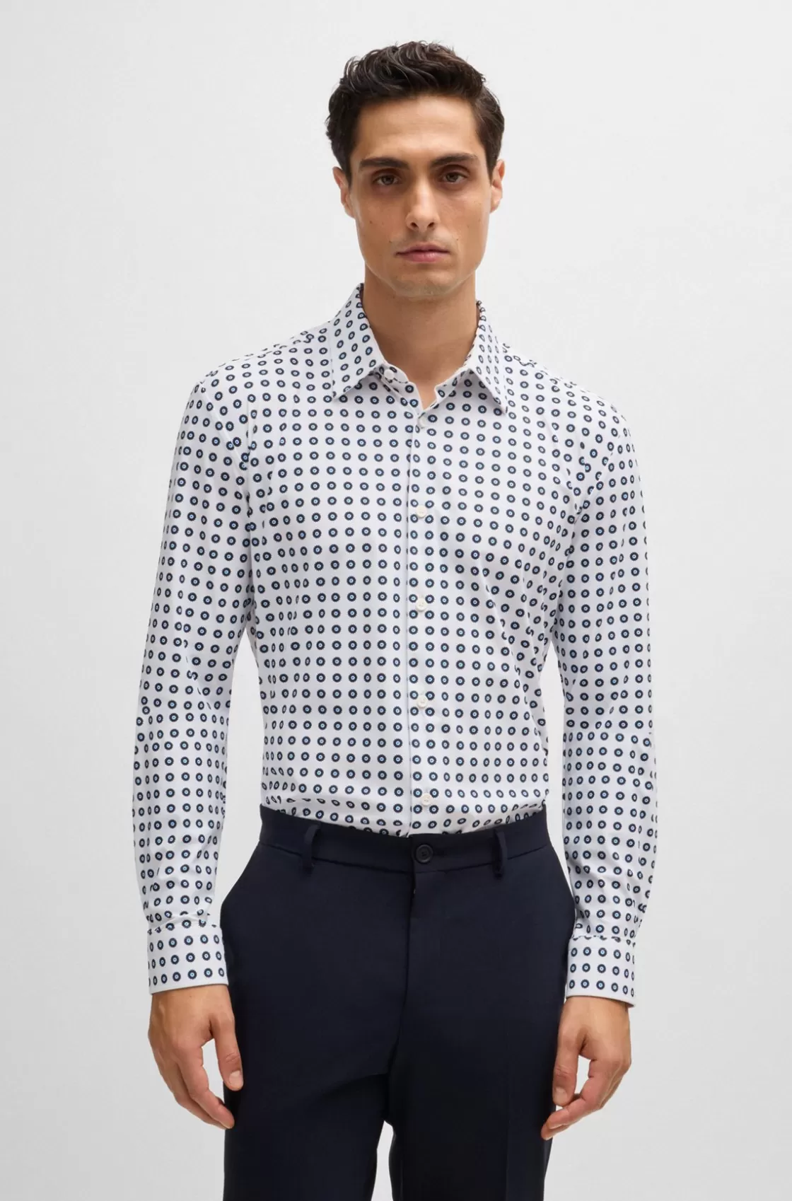 HUGO BOSS Slim-fit Shirt In Printed Performance-stretch Jersey Dark Blue Clearance