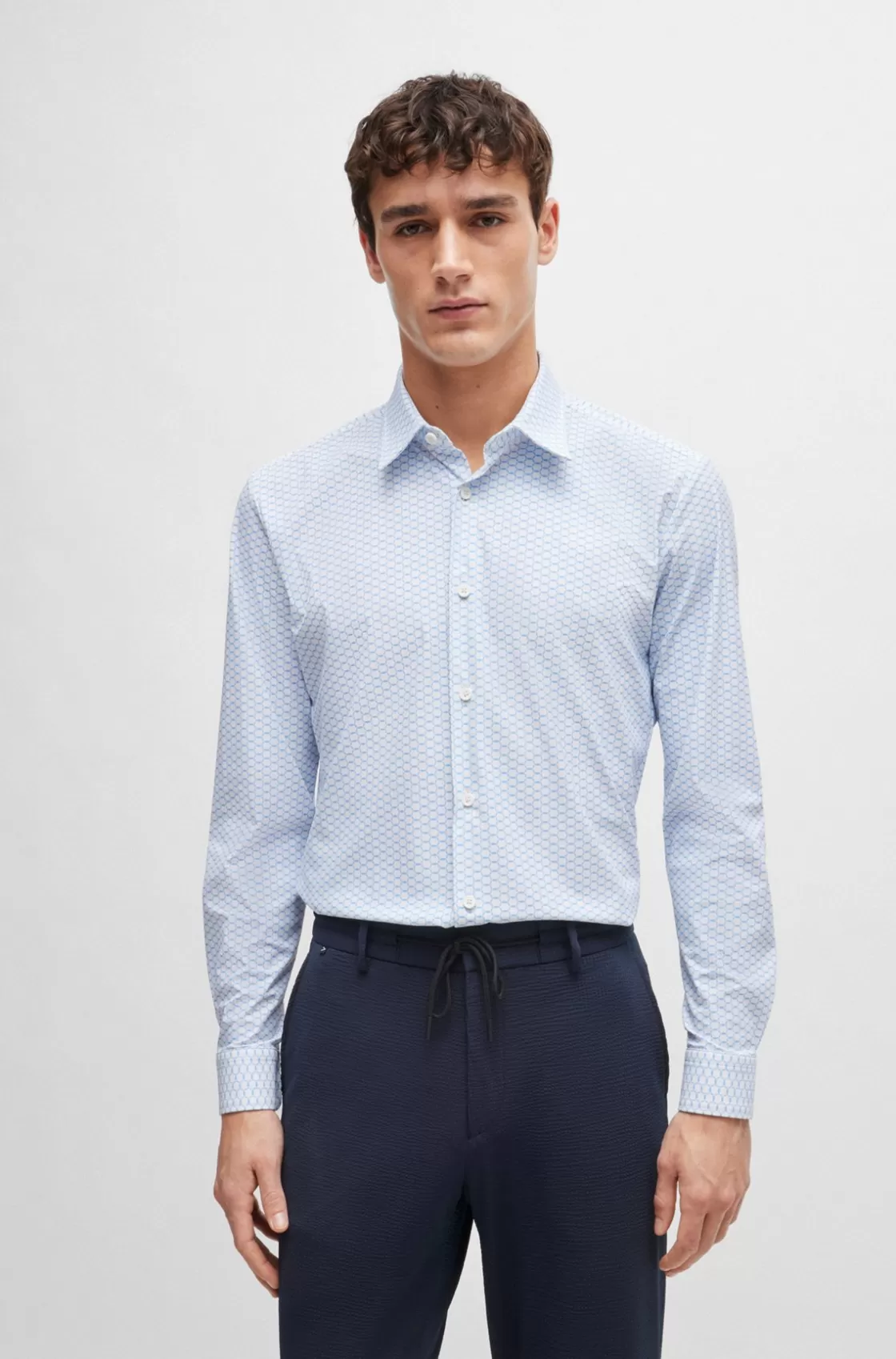 HUGO BOSS Slim-fit Shirt In Printed Performance-stretch Jersey White New