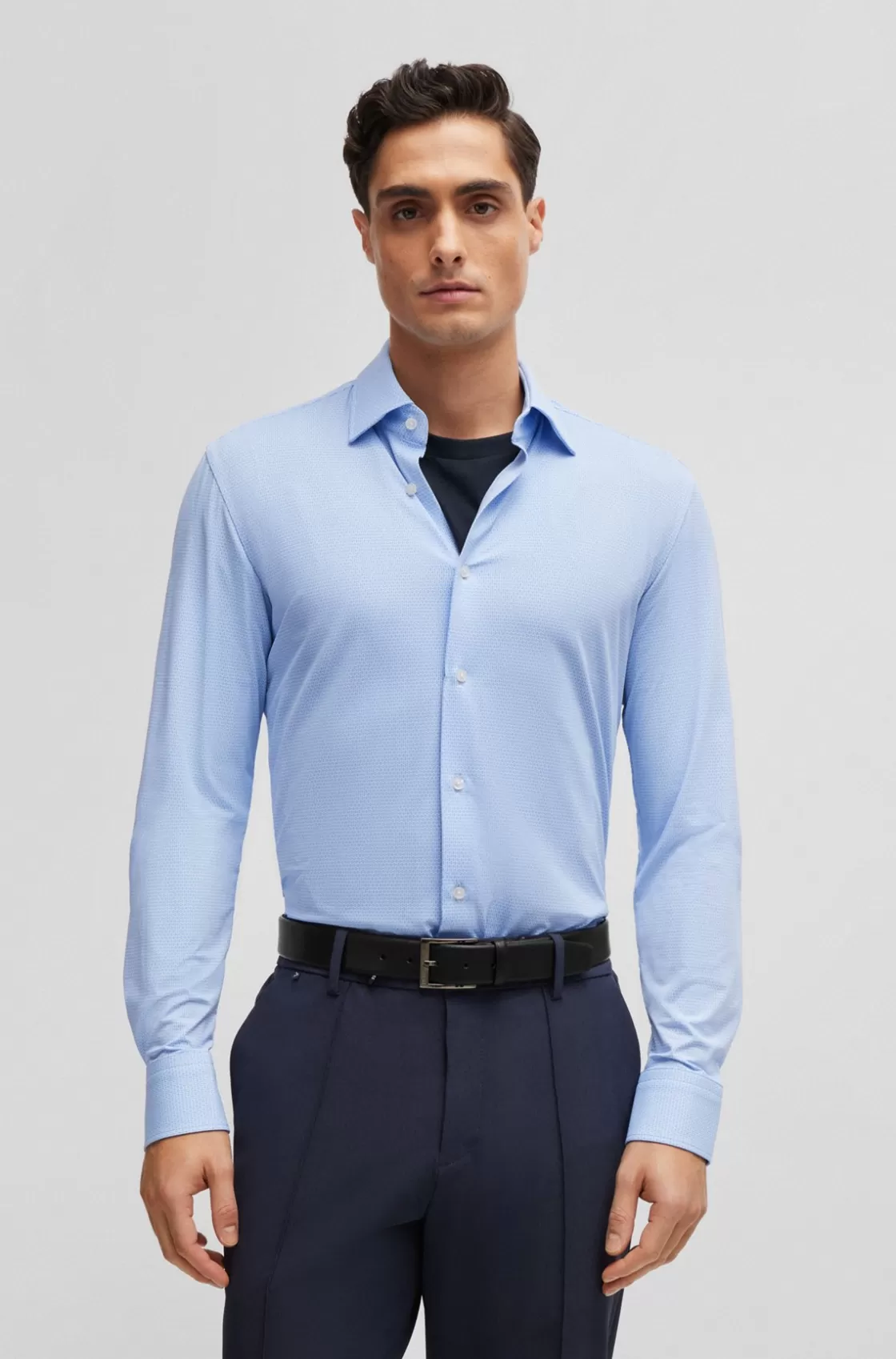 HUGO BOSS Slim-fit Shirt In Printed Performance-stretch Material Light Blue New