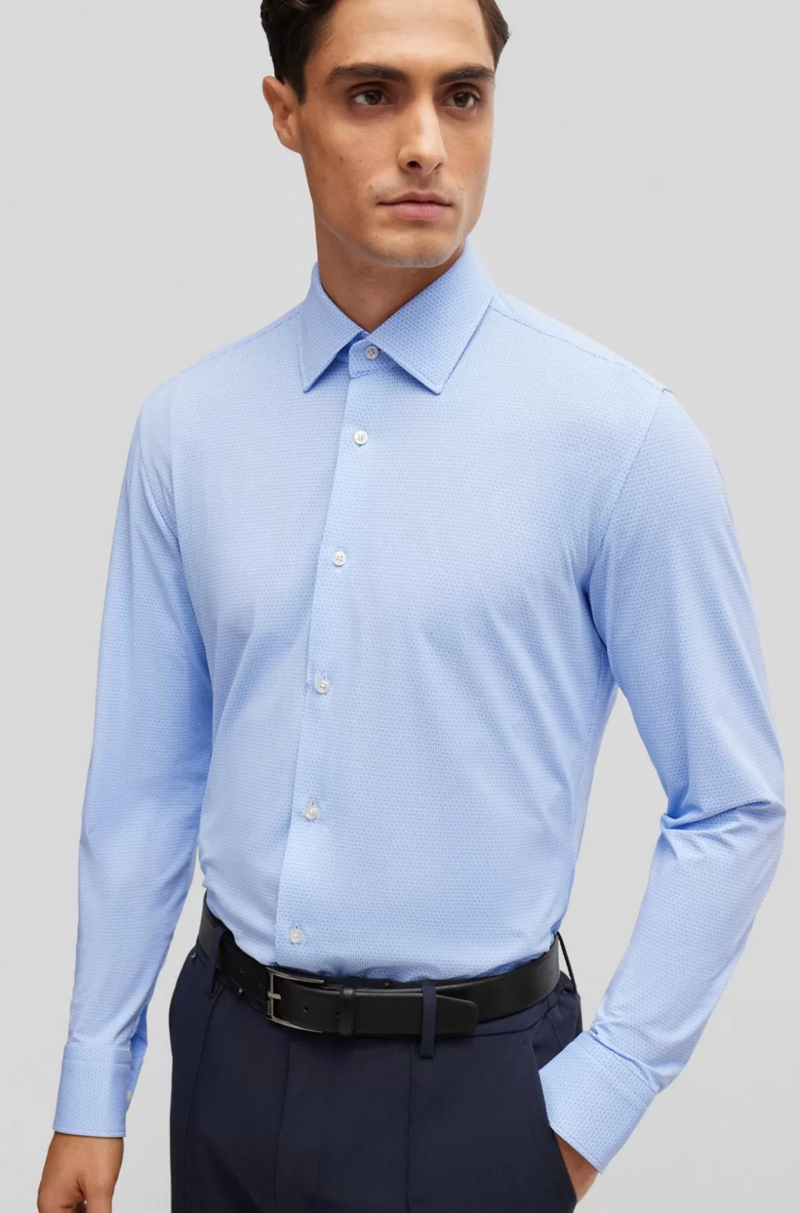 HUGO BOSS Slim-fit Shirt In Printed Performance-stretch Material Light Blue New