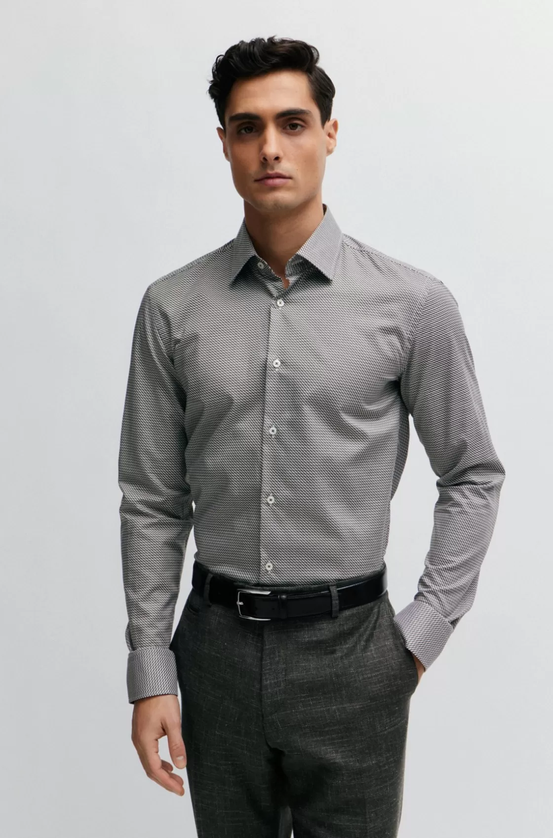 HUGO BOSS Slim-fit Shirt In Printed Twill Dark Green Cheap