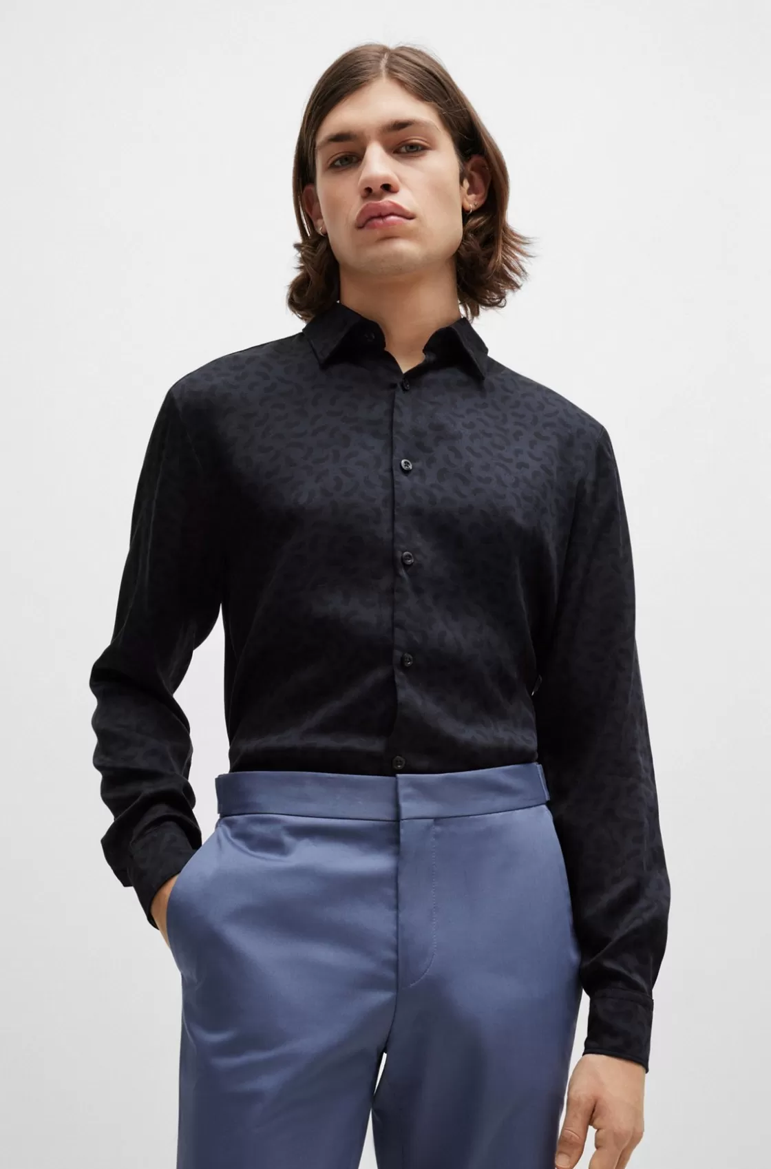HUGO BOSS Slim-fit Shirt In Seasonal-print Poplin Dark Blue Discount