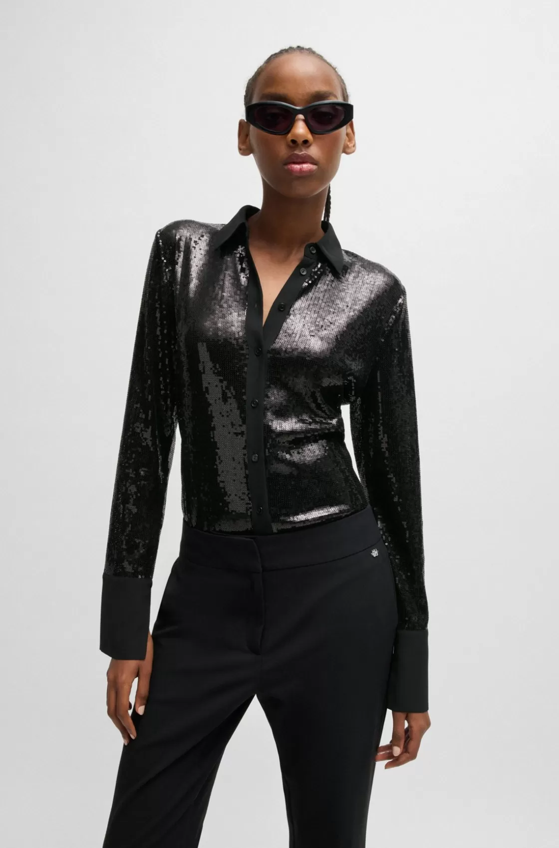 HUGO BOSS Slim-fit Shirt In Sequinned Mesh With Point Collar Black Shop