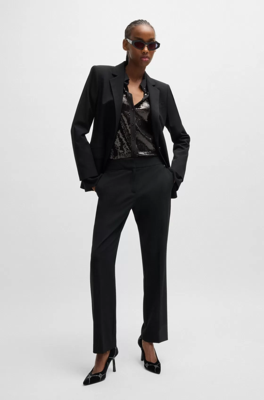 HUGO BOSS Slim-fit Shirt In Sequinned Mesh With Point Collar Black Shop