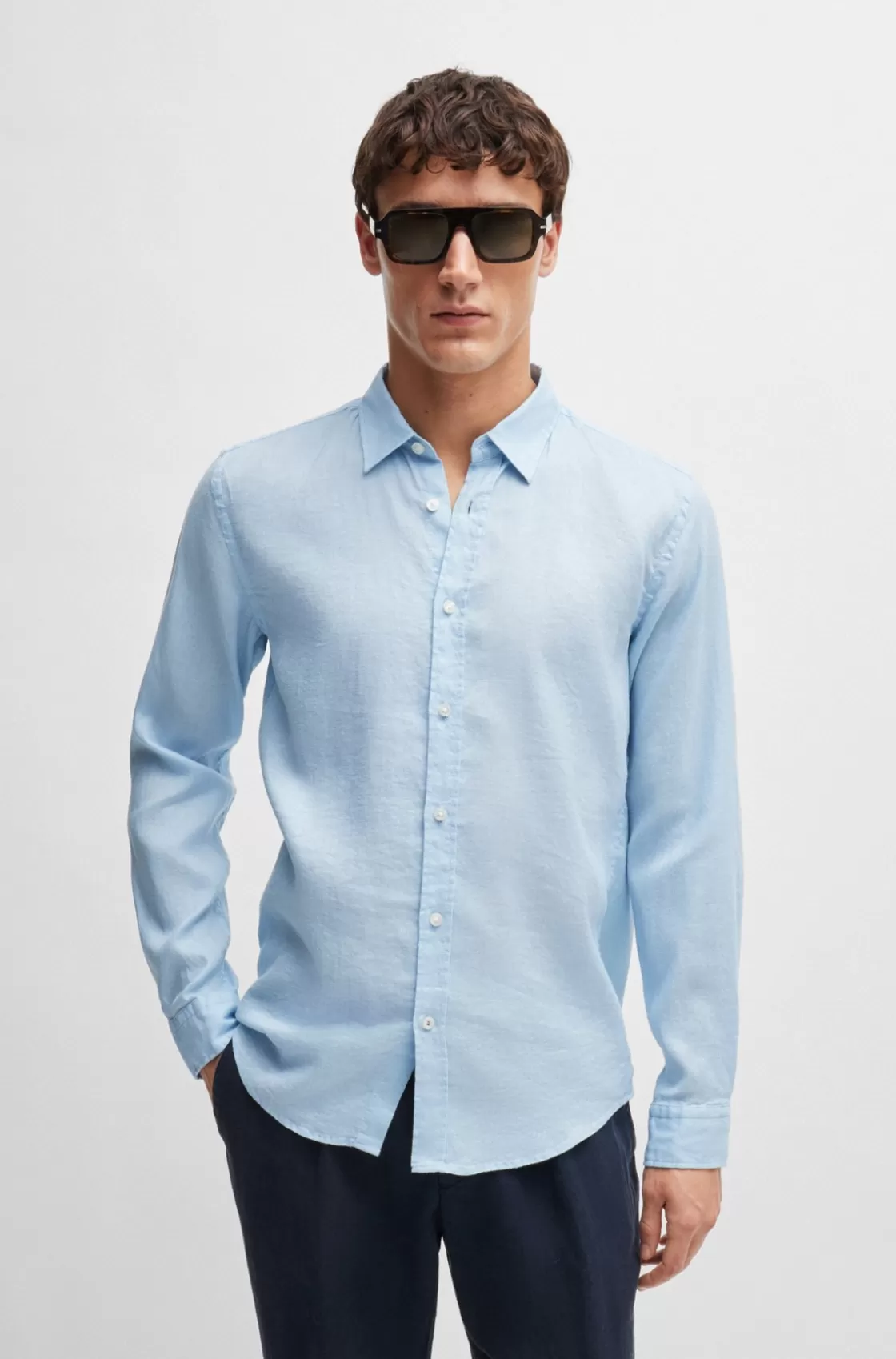 HUGO BOSS Slim-fit Shirt In Stretch-linen Chambray Light Blue Hot