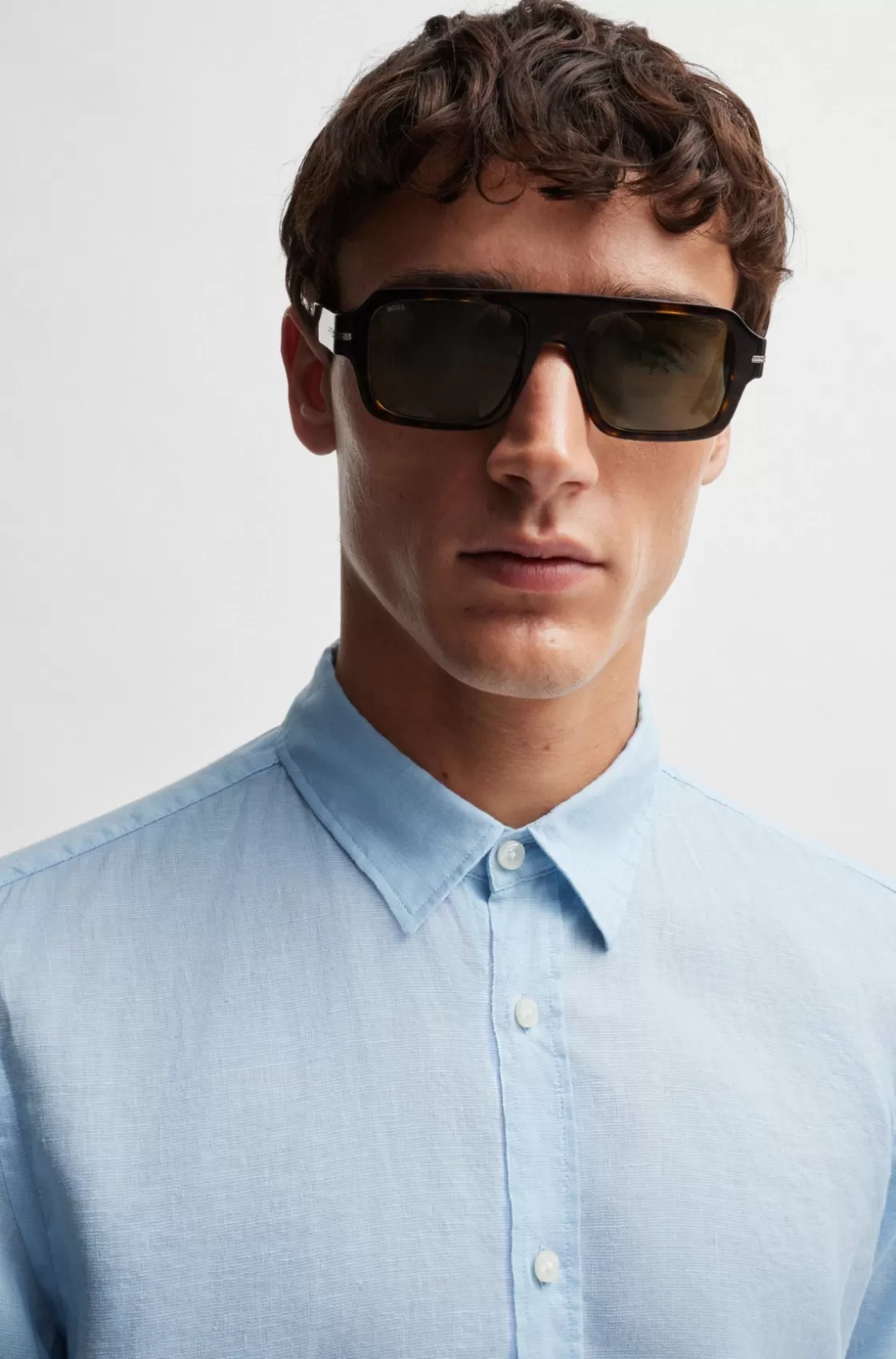 HUGO BOSS Slim-fit Shirt In Stretch-linen Chambray Light Blue Hot