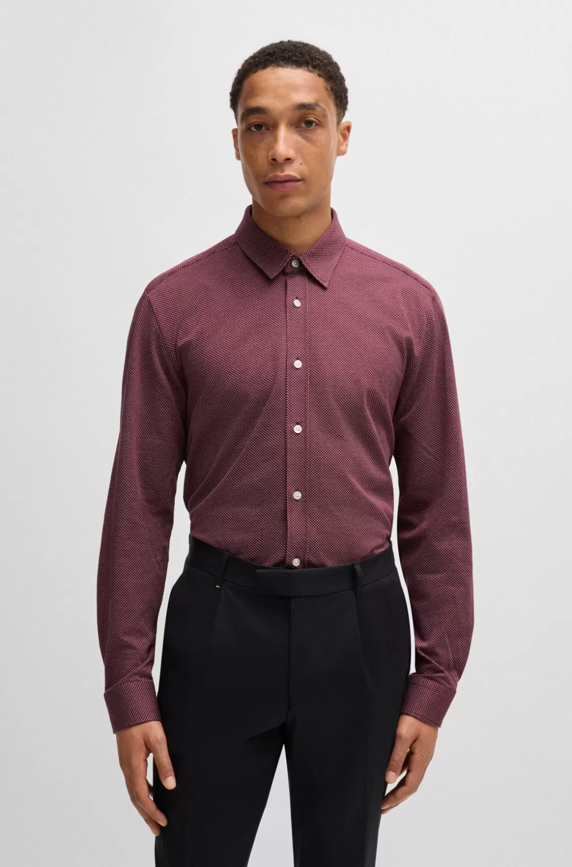 HUGO BOSS Slim-fit Shirt In Structured Cotton Jersey Dark Red Flash Sale