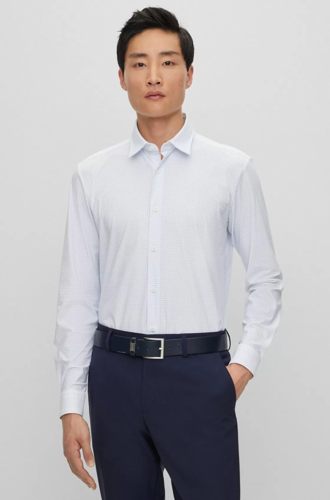 HUGO BOSS Slim-fit Shirt With Kent Collar In Printed Material Light Blue New