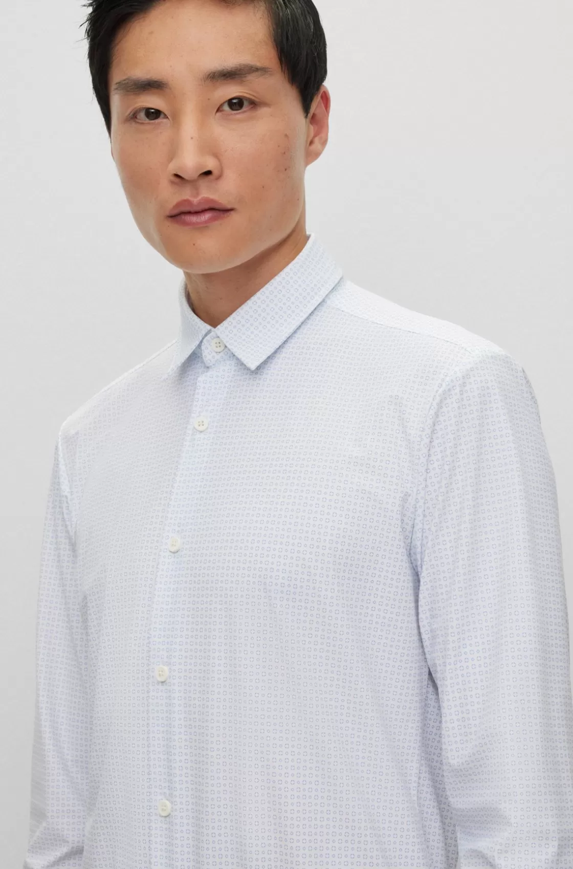 HUGO BOSS Slim-fit Shirt With Kent Collar In Printed Material Light Blue New