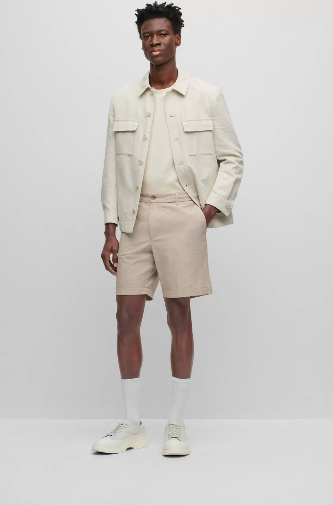 HUGO BOSS Slim-fit Shorts In Cotton-blend Poplin Beige Sale