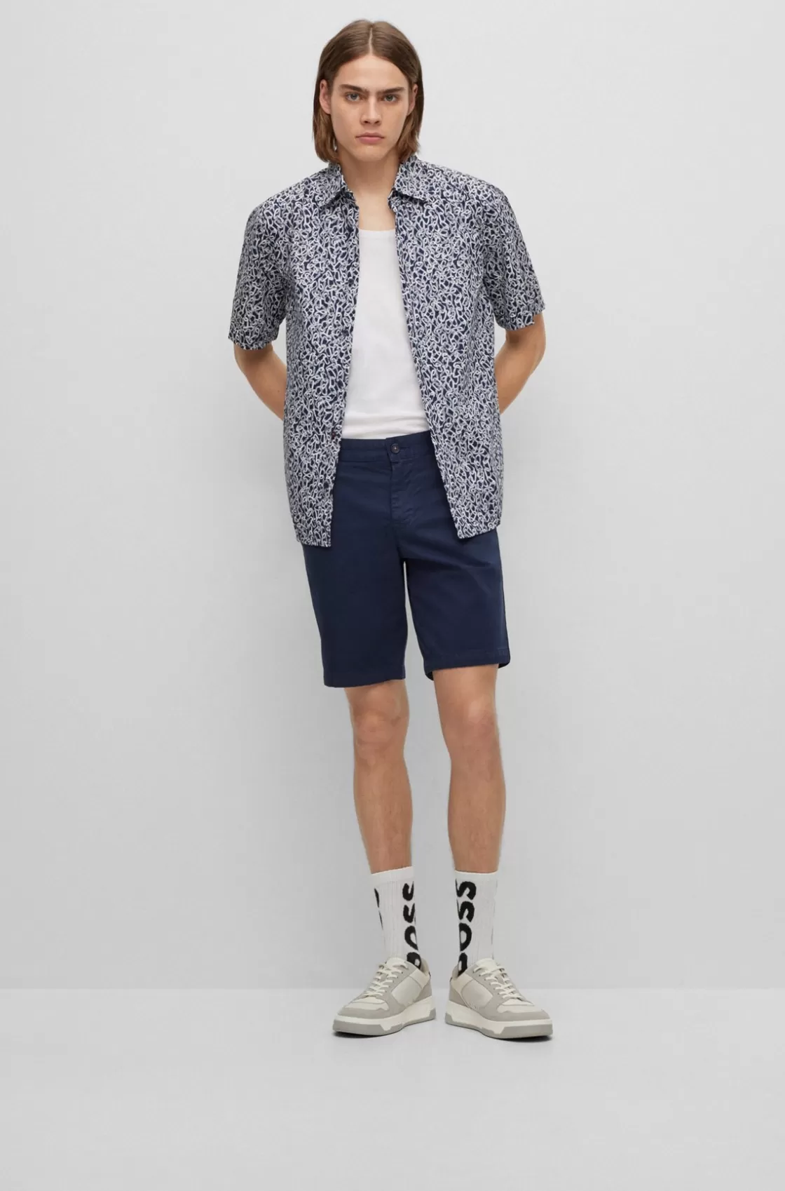 HUGO BOSS Slim-fit Shorts In Printed Stretch-cotton Twill Dark Blue Outlet