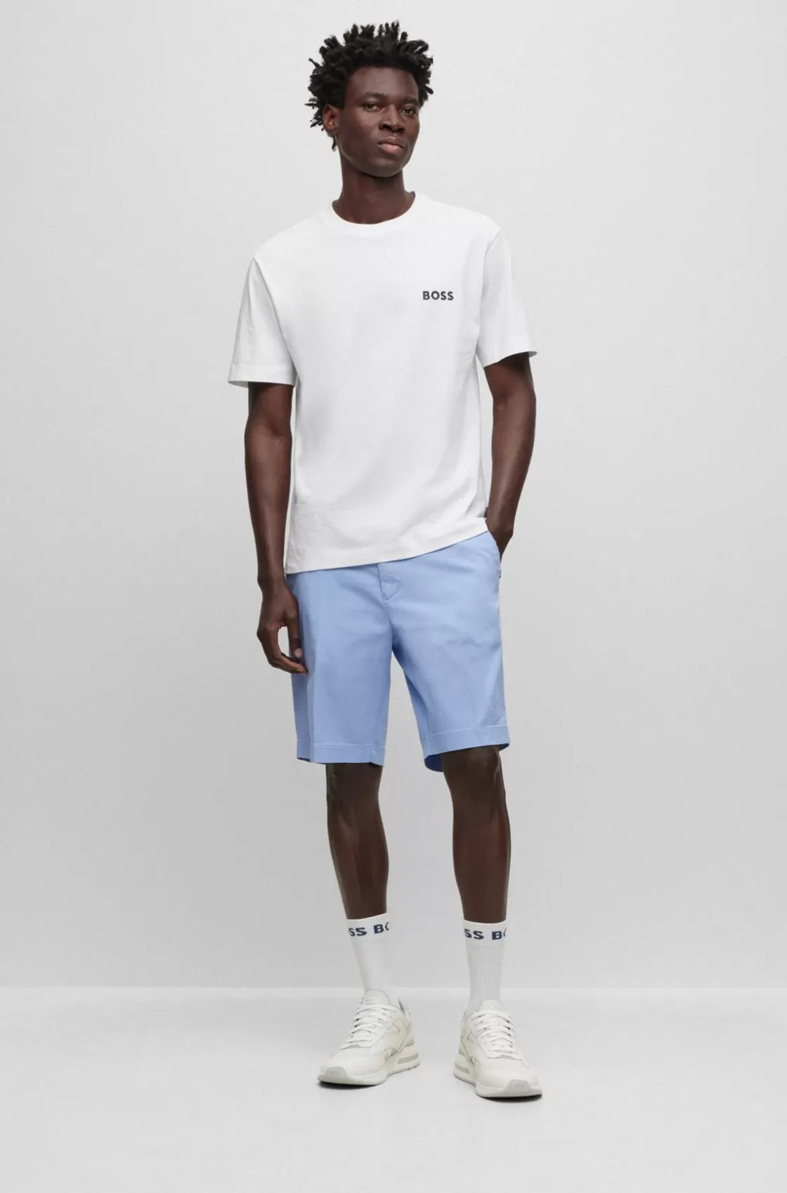 HUGO BOSS Slim-fit Shorts In Stretch-cotton Gabardine Light Blue Flash Sale