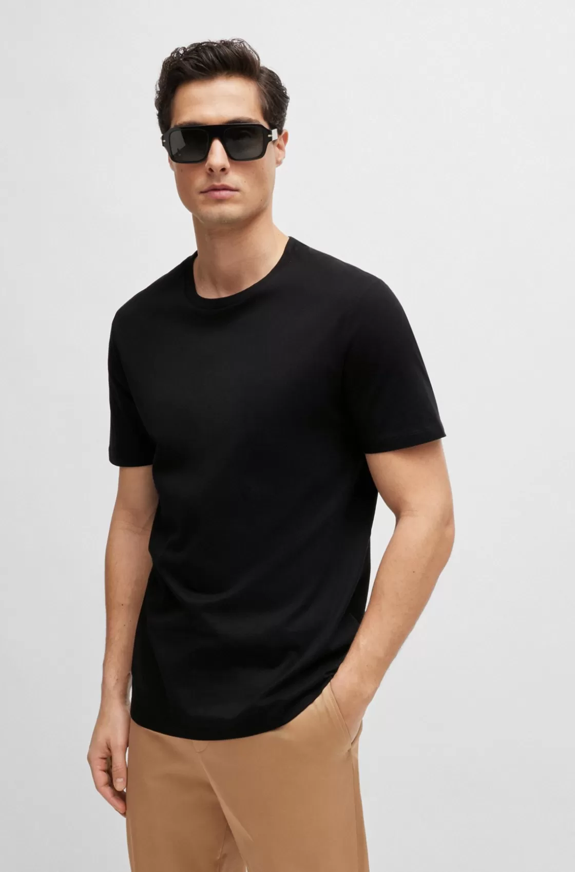 HUGO BOSS Slim-fit Short-sleeved T-shirt In Mercerized Cotton Black Hot