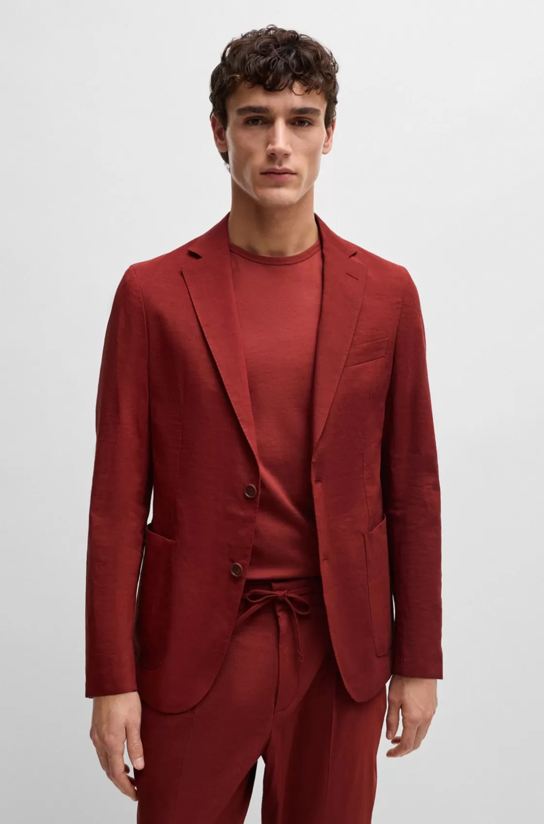 HUGO BOSS Slim-fit Single-breasted Jacket In A Linen Blend Light Brown Clearance