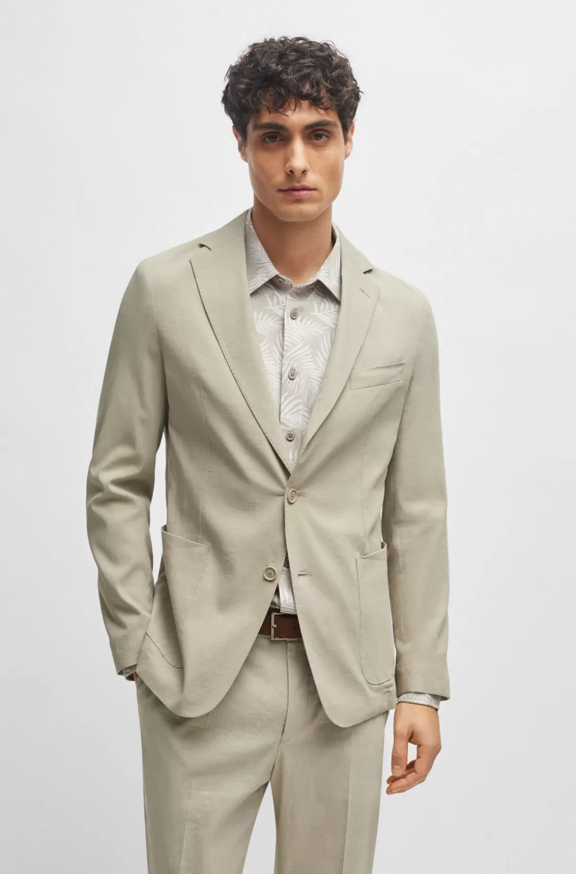 HUGO BOSS Slim-fit Single-breasted Jacket In A Linen Blend Khaki Cheap