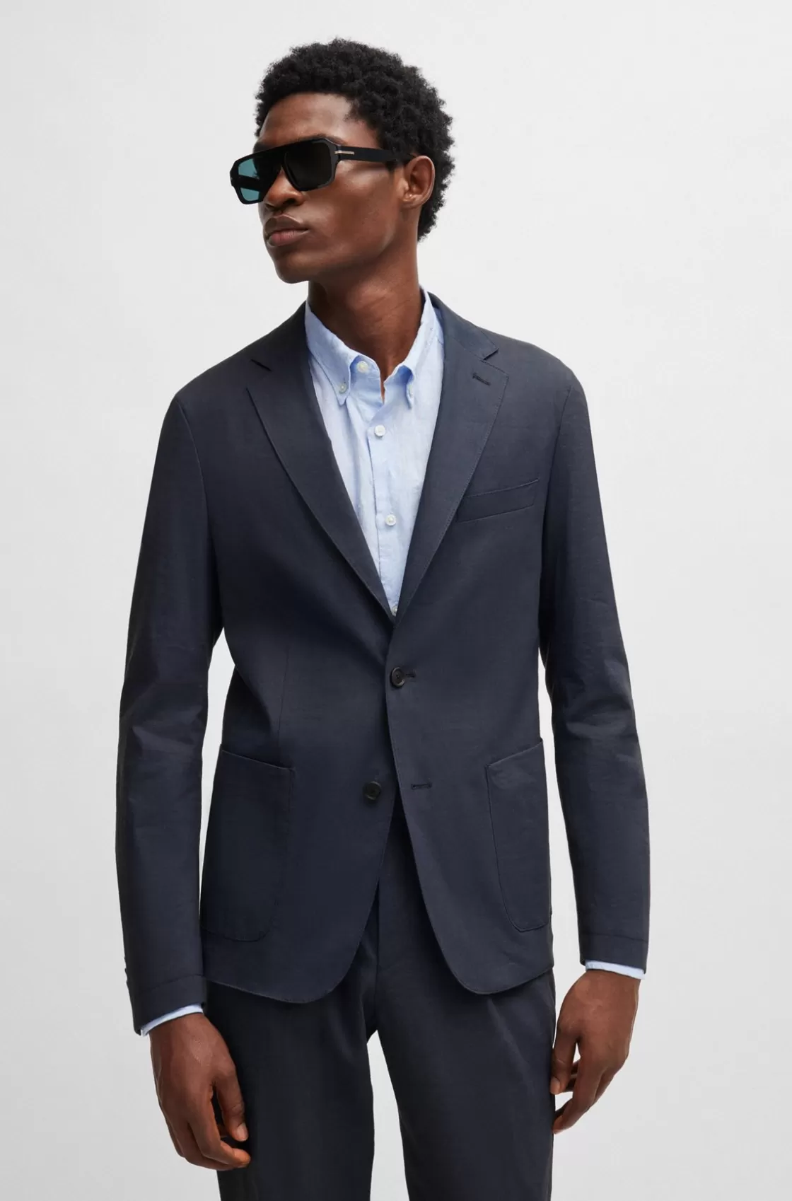 HUGO BOSS Slim-fit Single-breasted Jacket In A Linen Blend Dark Blue Cheap
