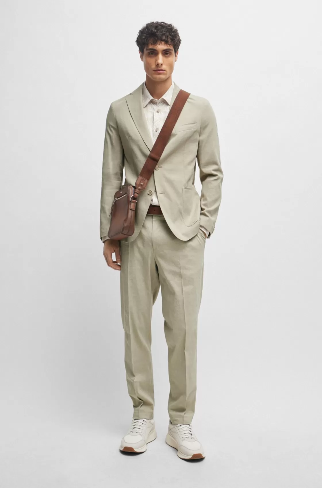 HUGO BOSS Slim-fit Single-breasted Jacket In A Linen Blend Khaki Cheap