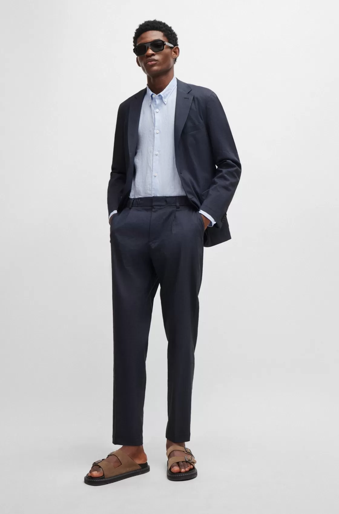 HUGO BOSS Slim-fit Single-breasted Jacket In A Linen Blend Dark Blue Cheap