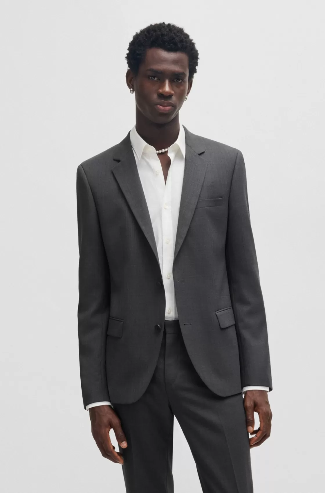 HUGO BOSS Slim-fit Suit In Melange Stretch Sharkskin Cloth Grey Hot