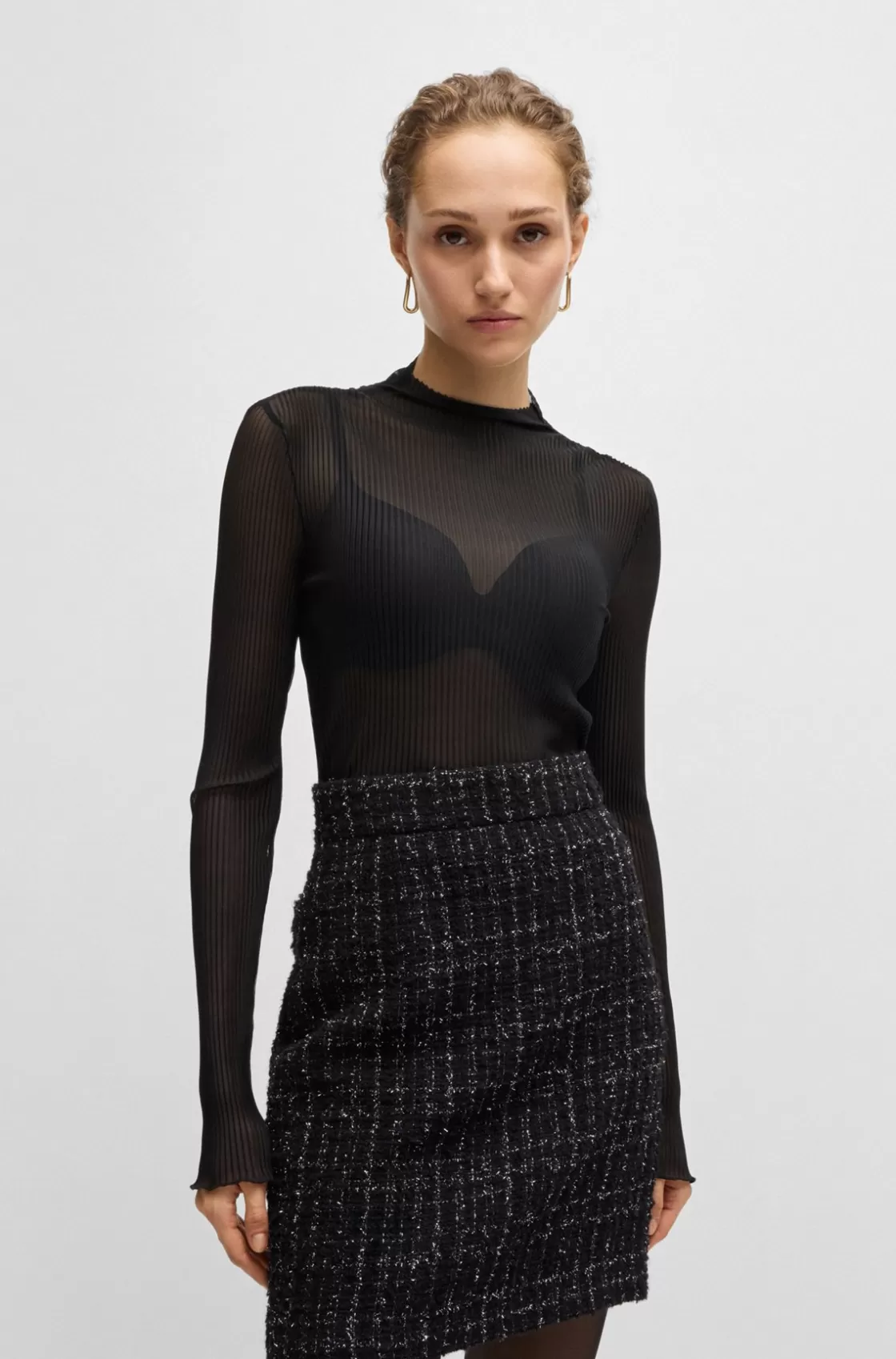 HUGO BOSS Slim-fit Top In Printed Plissé Tulle Black Outlet
