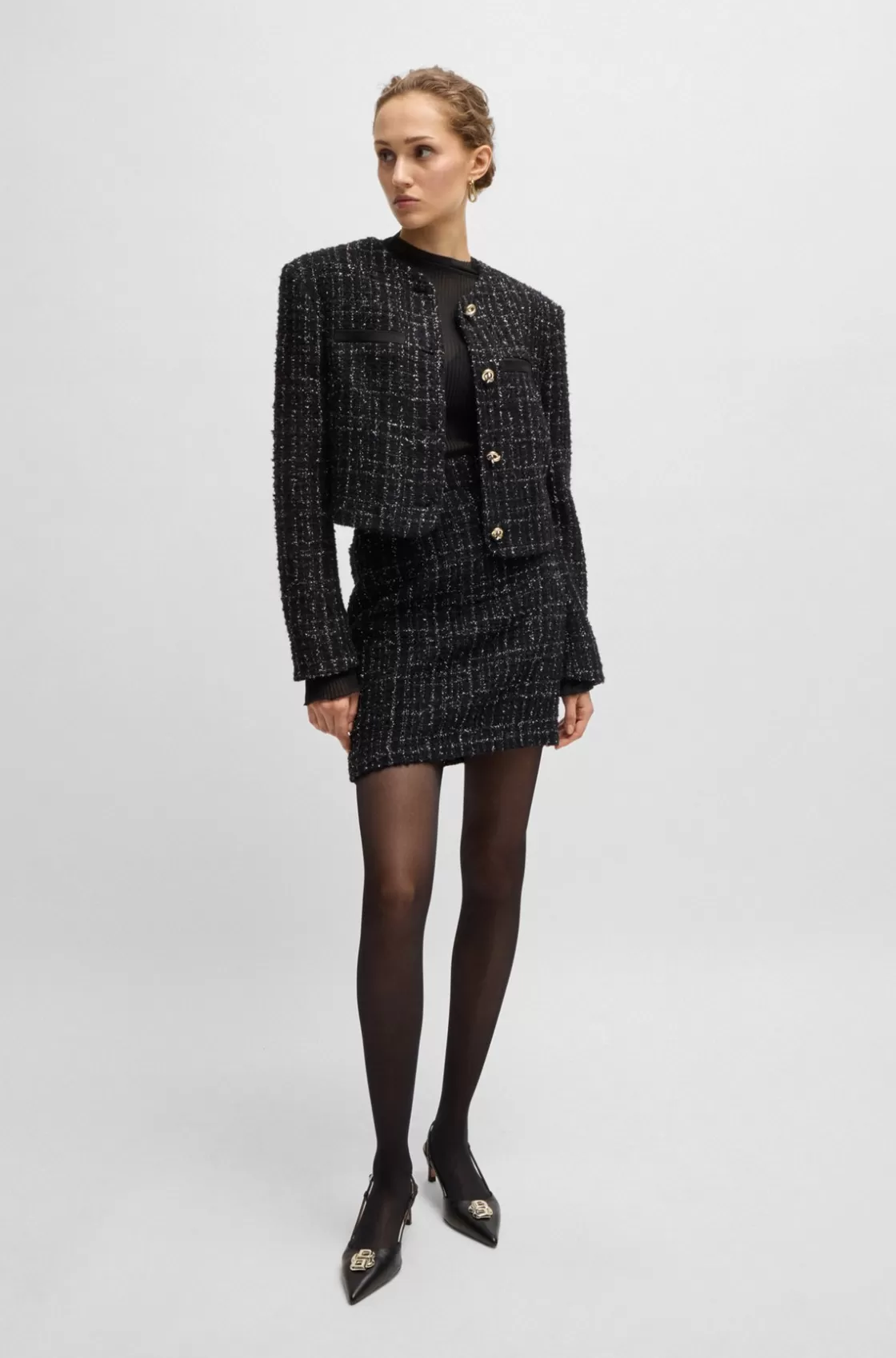 HUGO BOSS Slim-fit Top In Printed Plissé Tulle Black Outlet