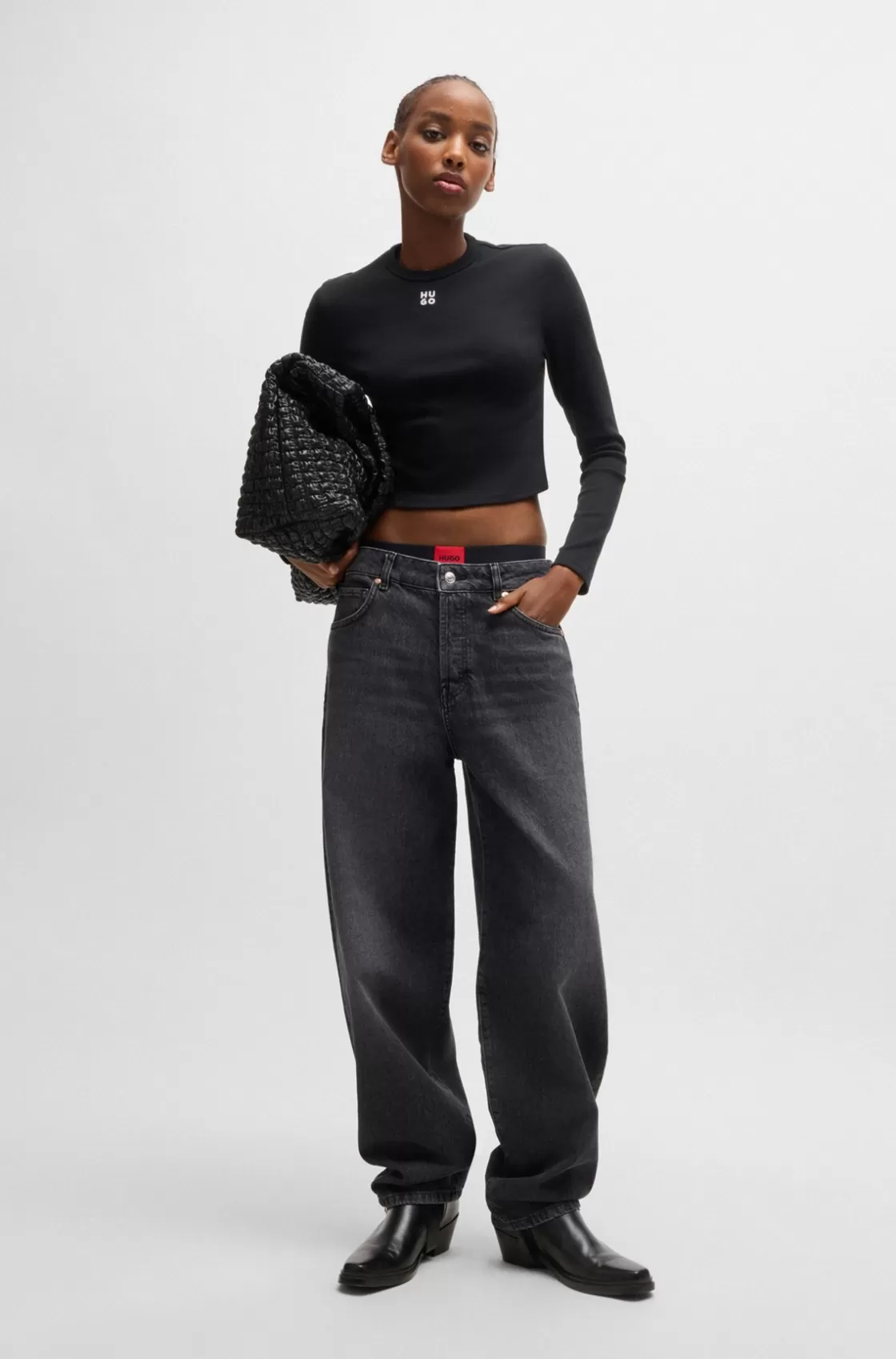 HUGO BOSS Slim-fit Top With Stacked Logo Black Fashion