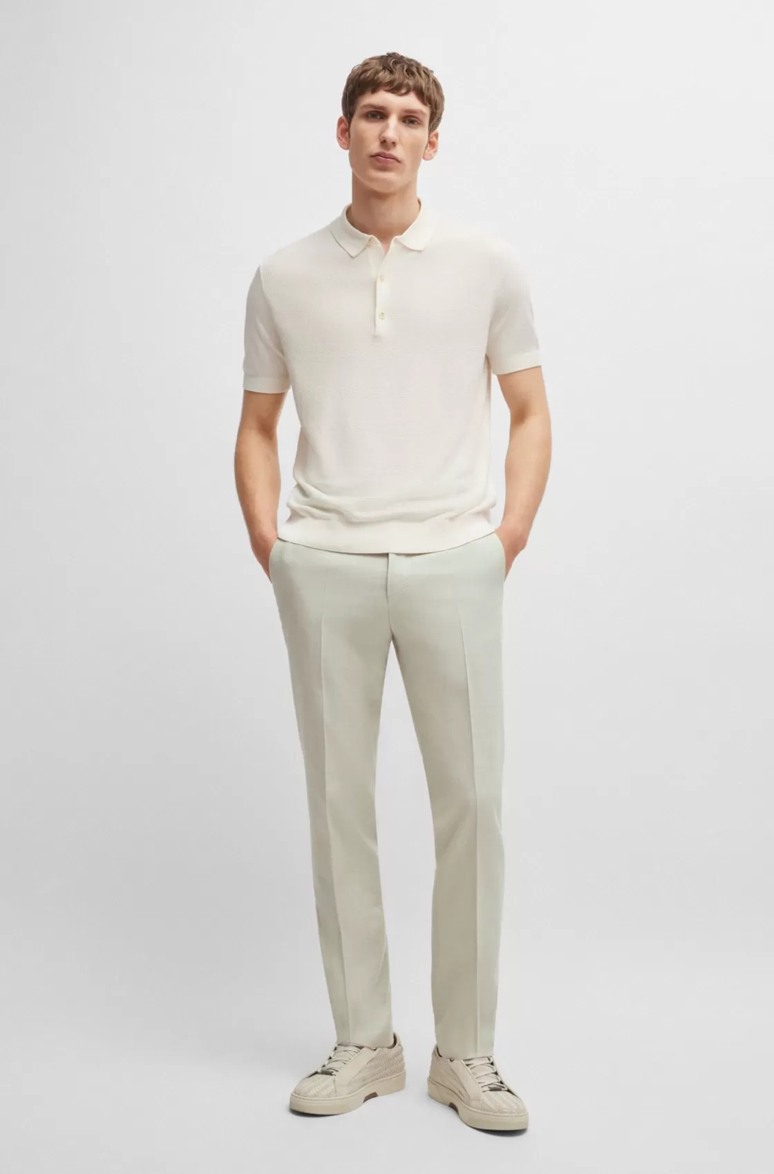 HUGO BOSS Slim-fit Trousers In Micro-patterned Stretch Material Light Beige Sale