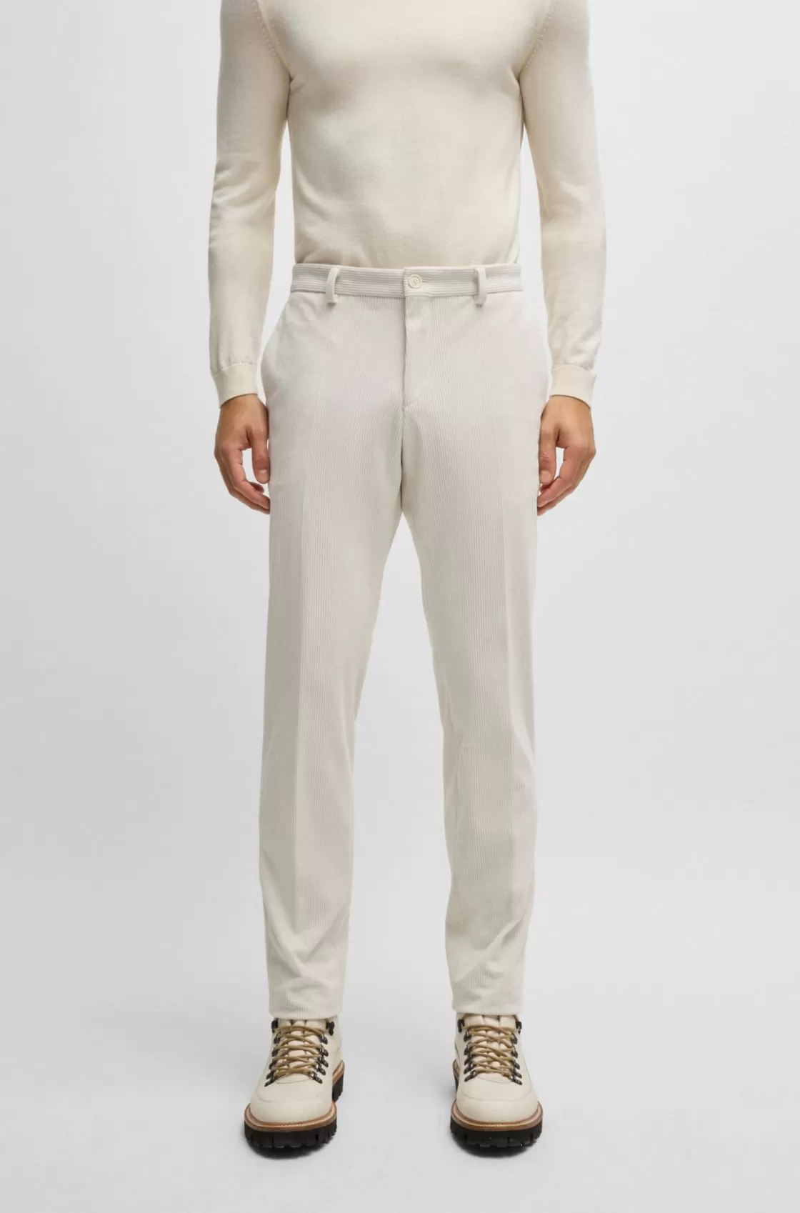 HUGO BOSS Slim-fit Trousers In Performance-stretch Corduroy White New