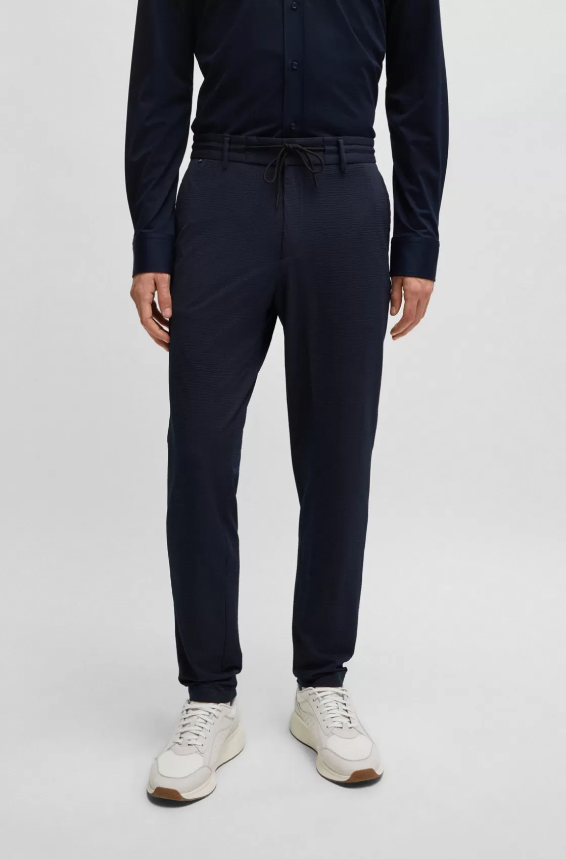 HUGO BOSS Slim-fit Trousers In Performance-stretch Seersucker Dark Blue Sale