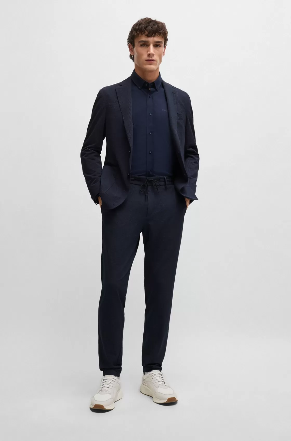 HUGO BOSS Slim-fit Trousers In Performance-stretch Seersucker Dark Blue Sale