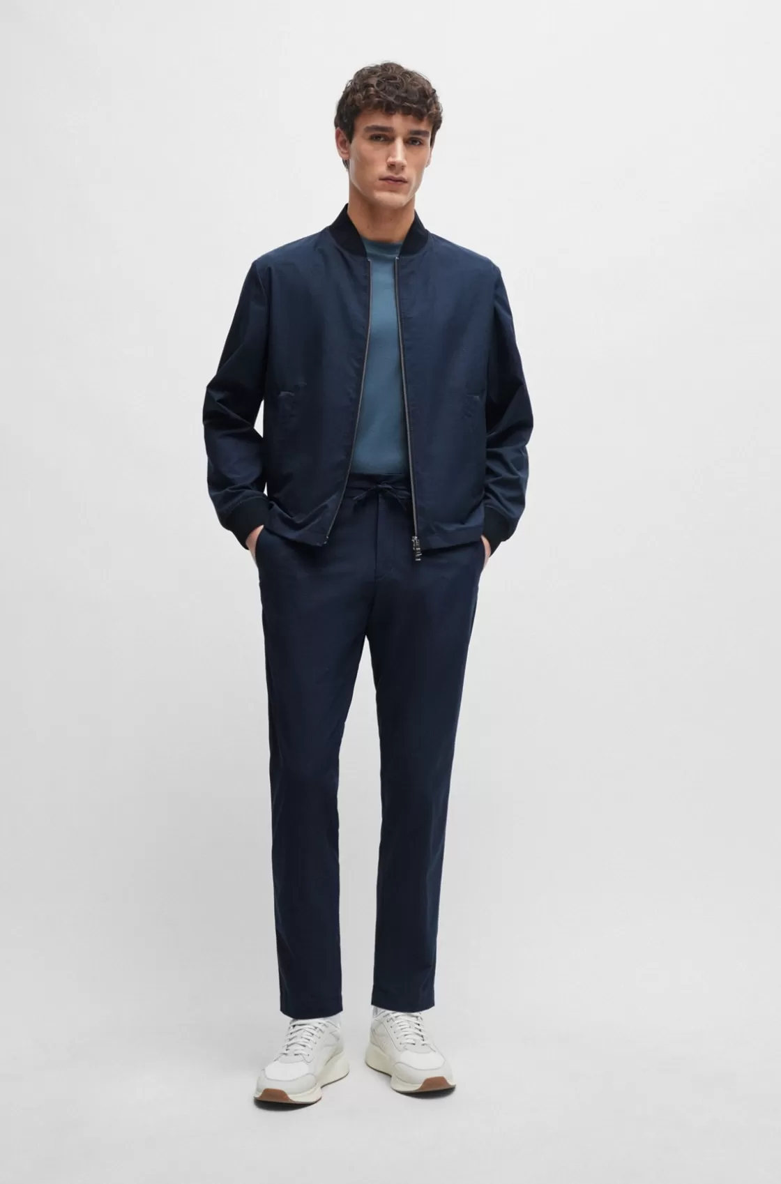 HUGO BOSS Slim-fit Trousers In Wrinkle-resistant Mesh Dark Blue Cheap