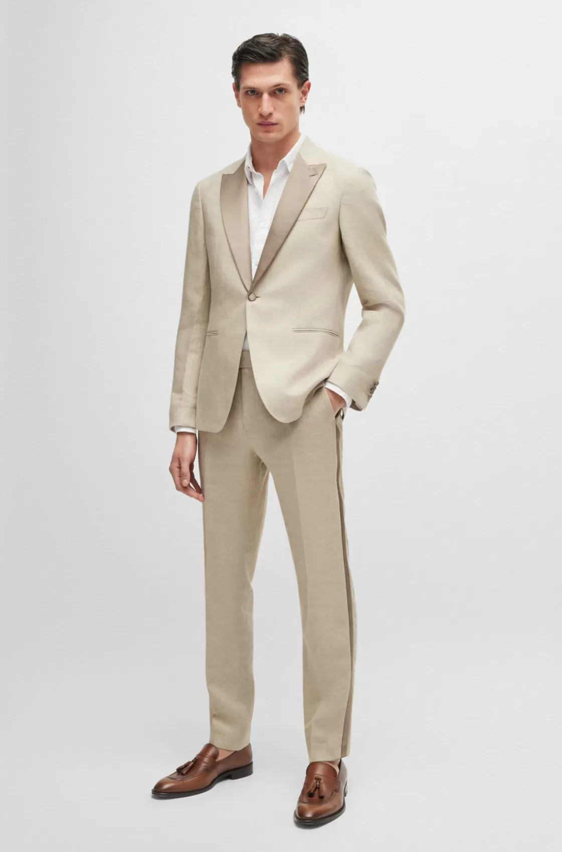 HUGO BOSS Slim-fit Tuxedo In Micro-patterned Linen Khaki Best Sale