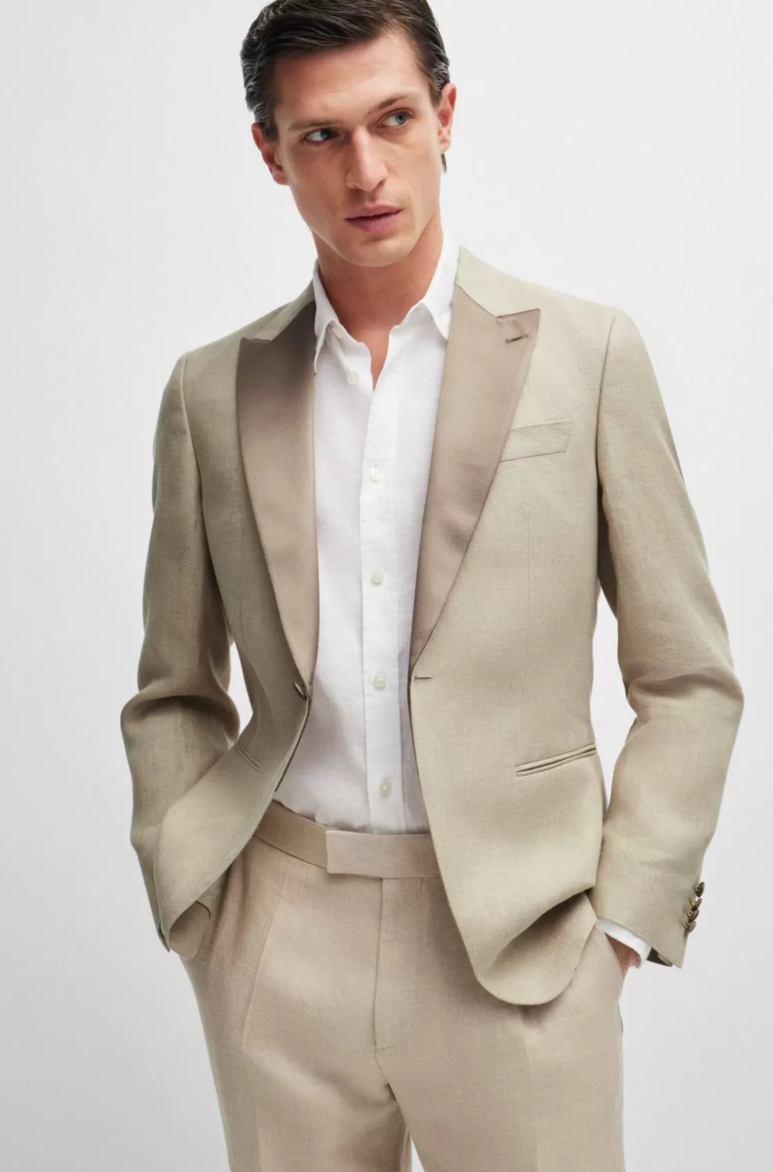 HUGO BOSS Slim-fit Tuxedo In Micro-patterned Linen Khaki Best Sale