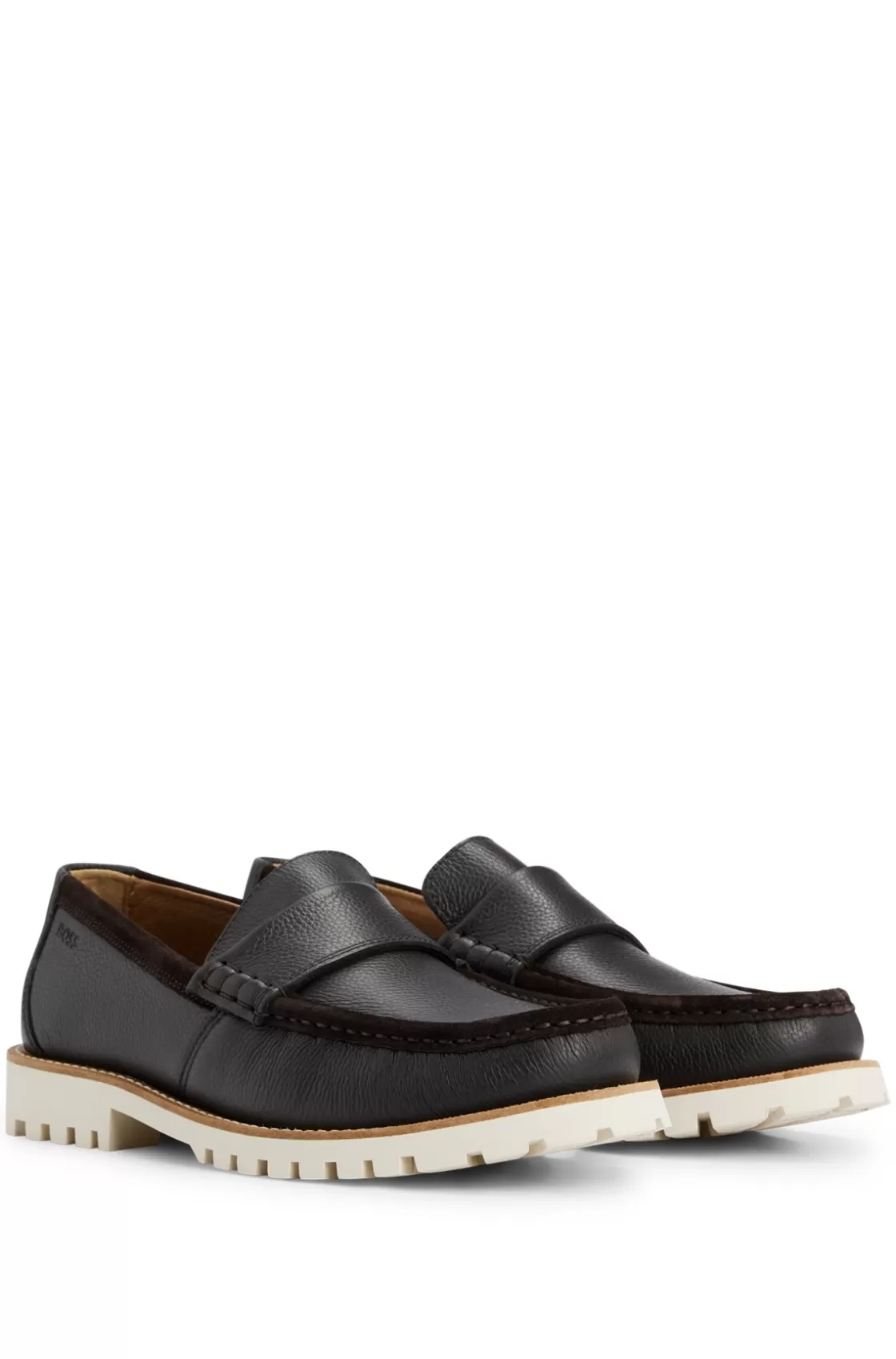 HUGO BOSS Slip-on Moccasins In Grained Leather And Suede Dark Brown Flash Sale