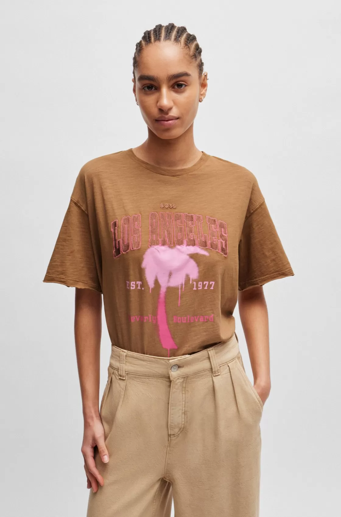 HUGO BOSS Slub-cotton T-shirt With Seasonal Artwork Light Brown Discount