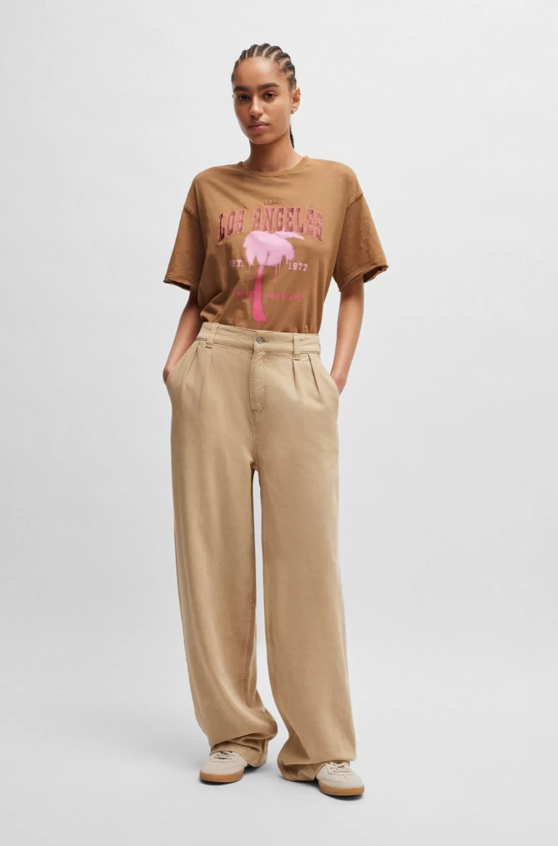 HUGO BOSS Slub-cotton T-shirt With Seasonal Artwork Light Brown Discount