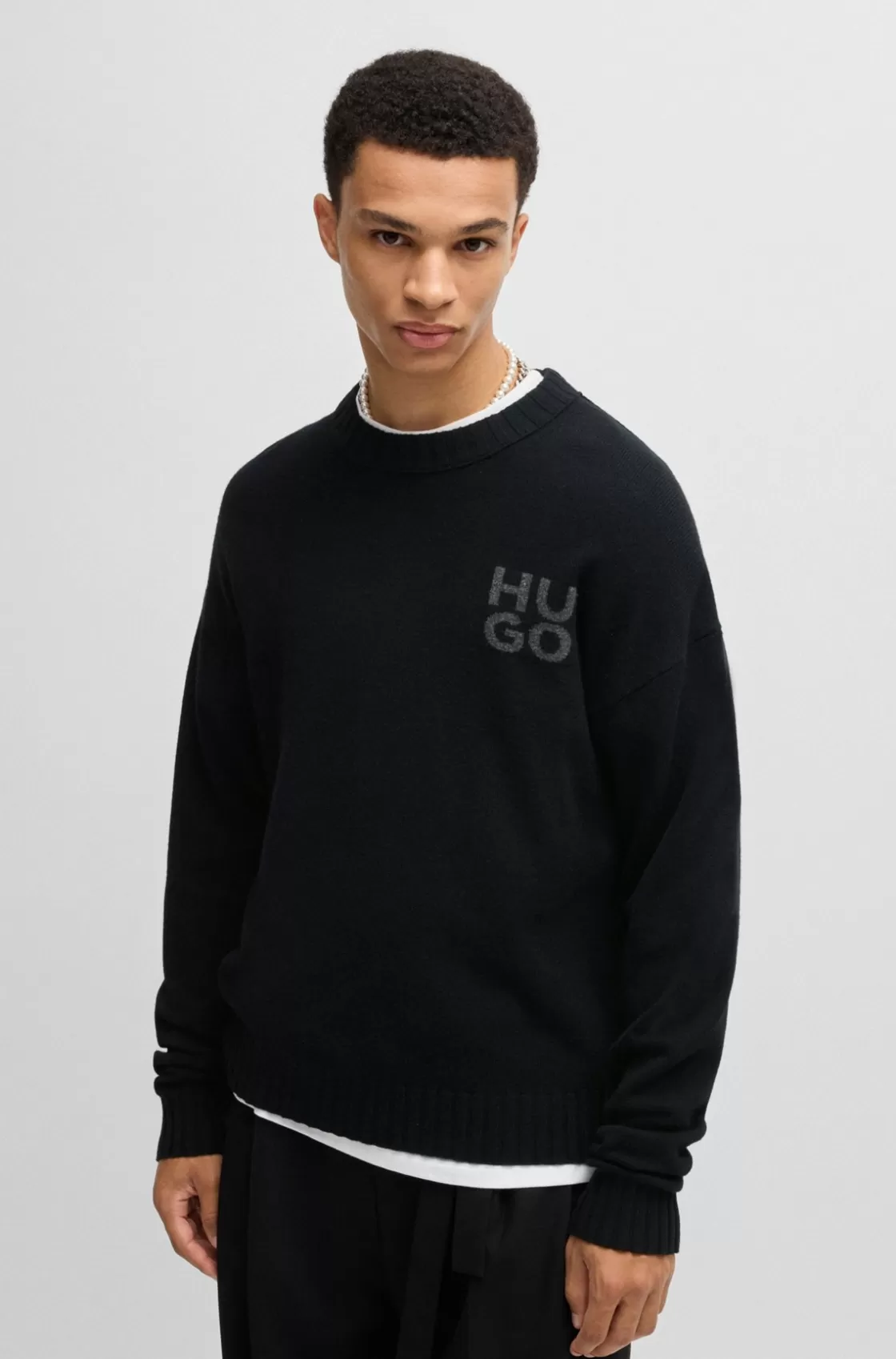 HUGO BOSS Stacked-logo Sweater In A Melange Virgin-wool Blend Black Best Sale