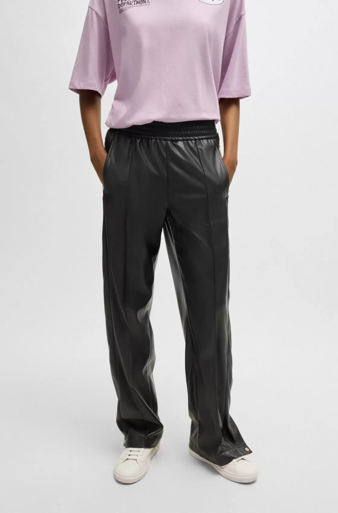 HUGO BOSS Straight-leg Trousers In Faux Leather With Press-studs Black Cheap