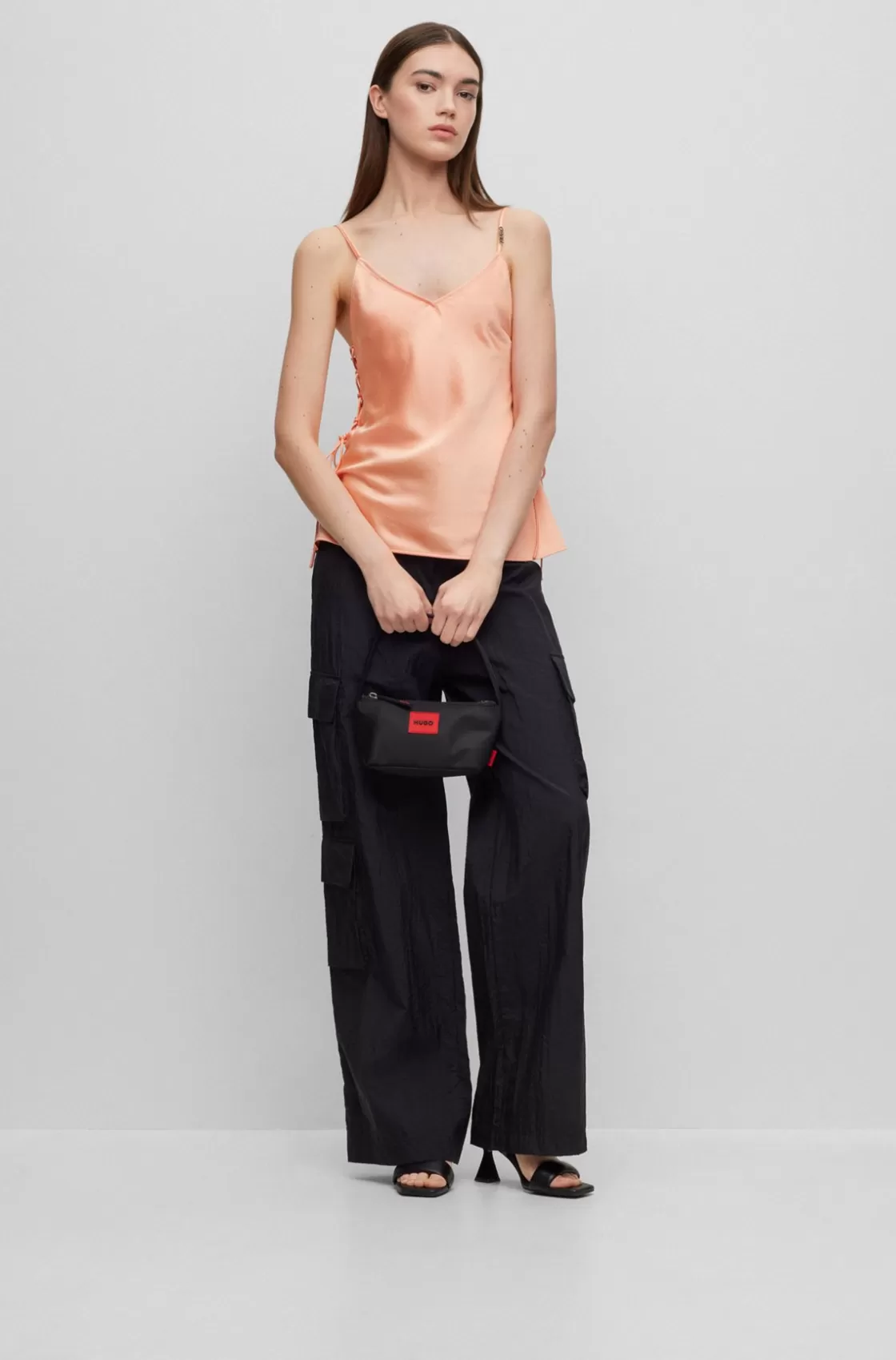 HUGO BOSS Strappy Camisole In Satin With Side Laces Light Orange New