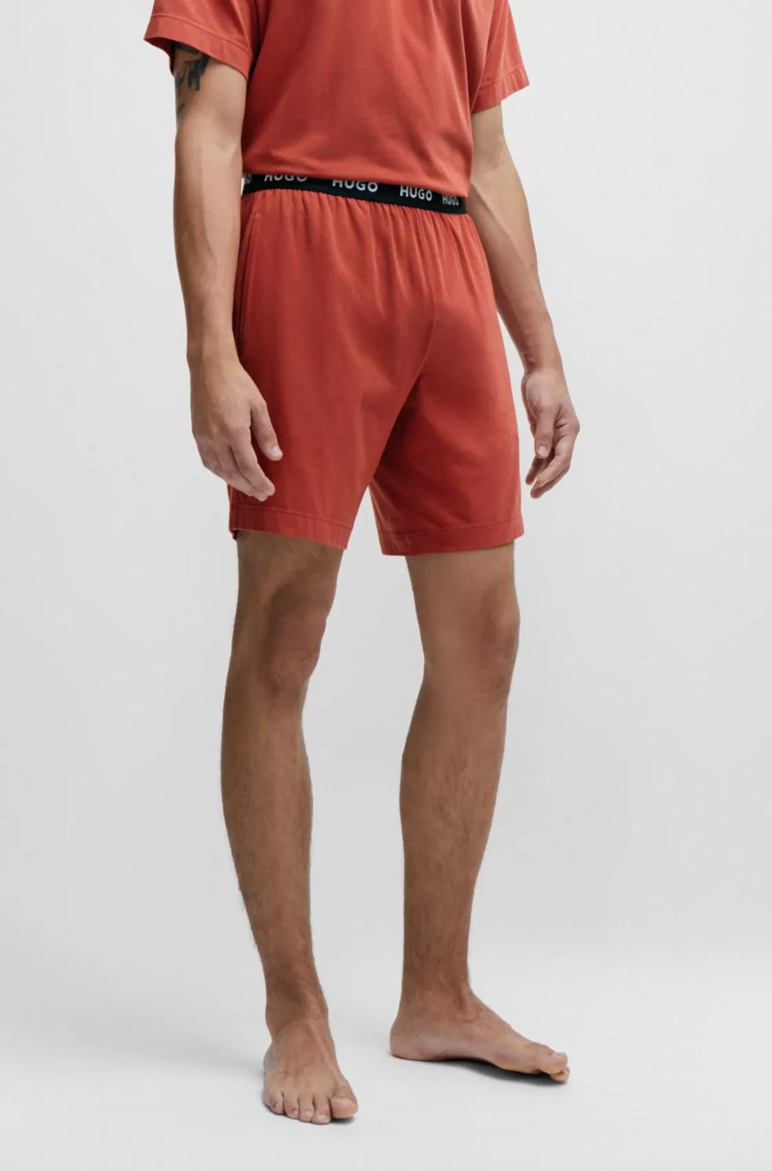 HUGO BOSS Stretch-cotton Pajama Shorts With Logo Waistband Dark Red Flash Sale