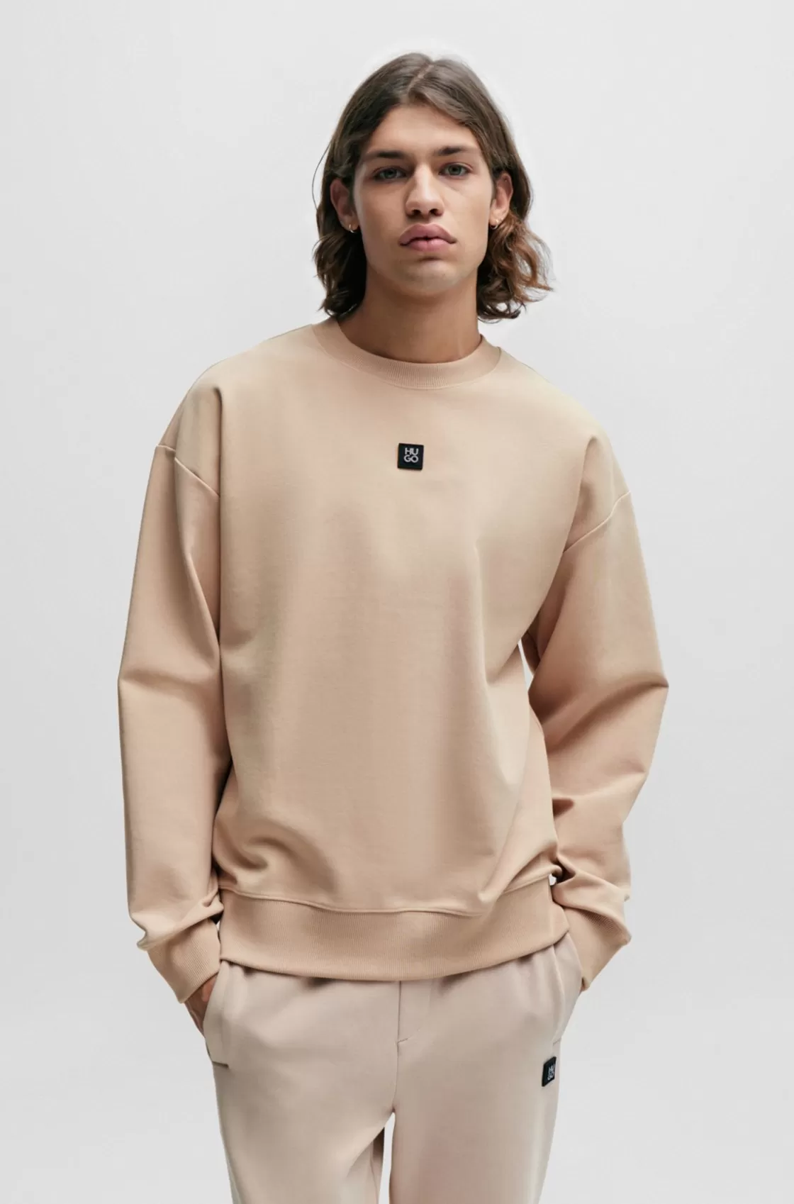 HUGO BOSS Stretch-cotton Regular-fit Sweatshirt With Stacked Logo Beige Best