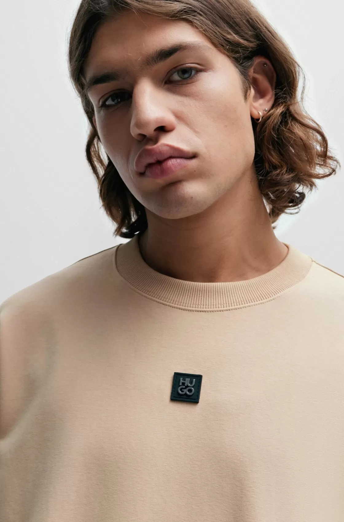 HUGO BOSS Stretch-cotton Regular-fit Sweatshirt With Stacked Logo Beige Best