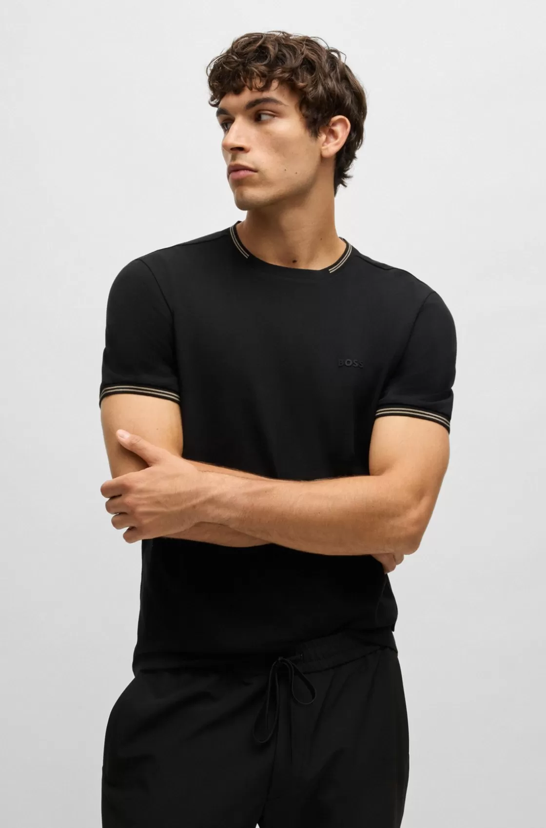 HUGO BOSS Stretch-cotton Regular-fit T-shirt With Contrast Logo Black Hot