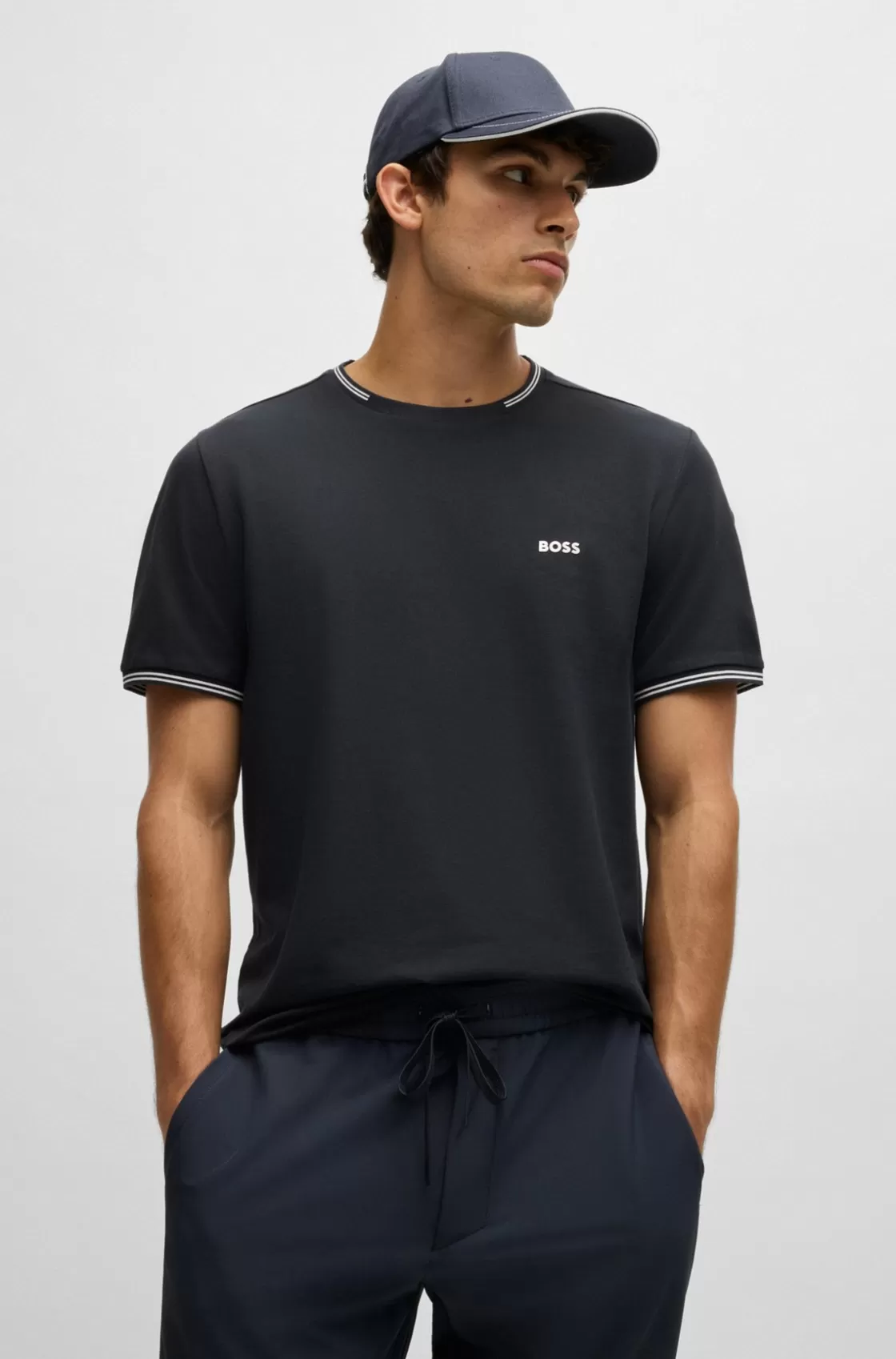 HUGO BOSS Stretch-cotton Regular-fit T-shirt With Contrast Logo Dark Blue Cheap