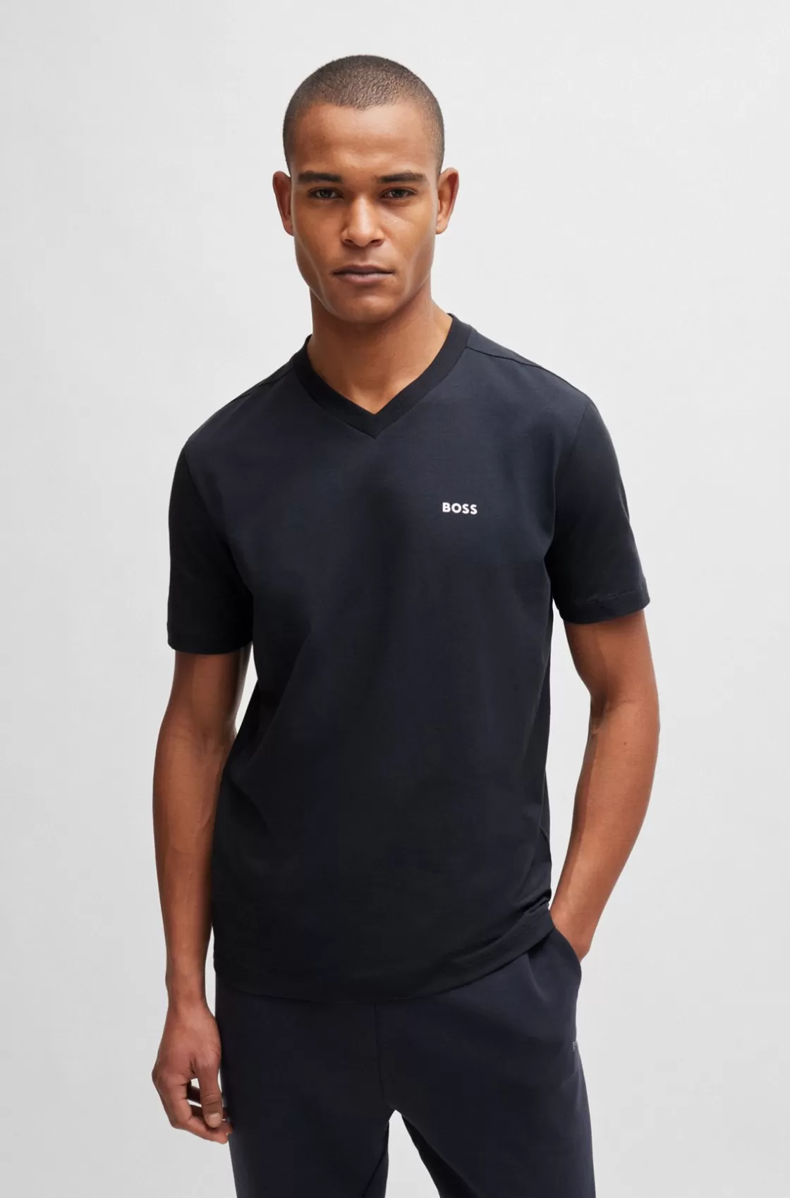 HUGO BOSS Stretch-cotton Regular-fit T-shirt With Contrast Logo Dark Blue Flash Sale