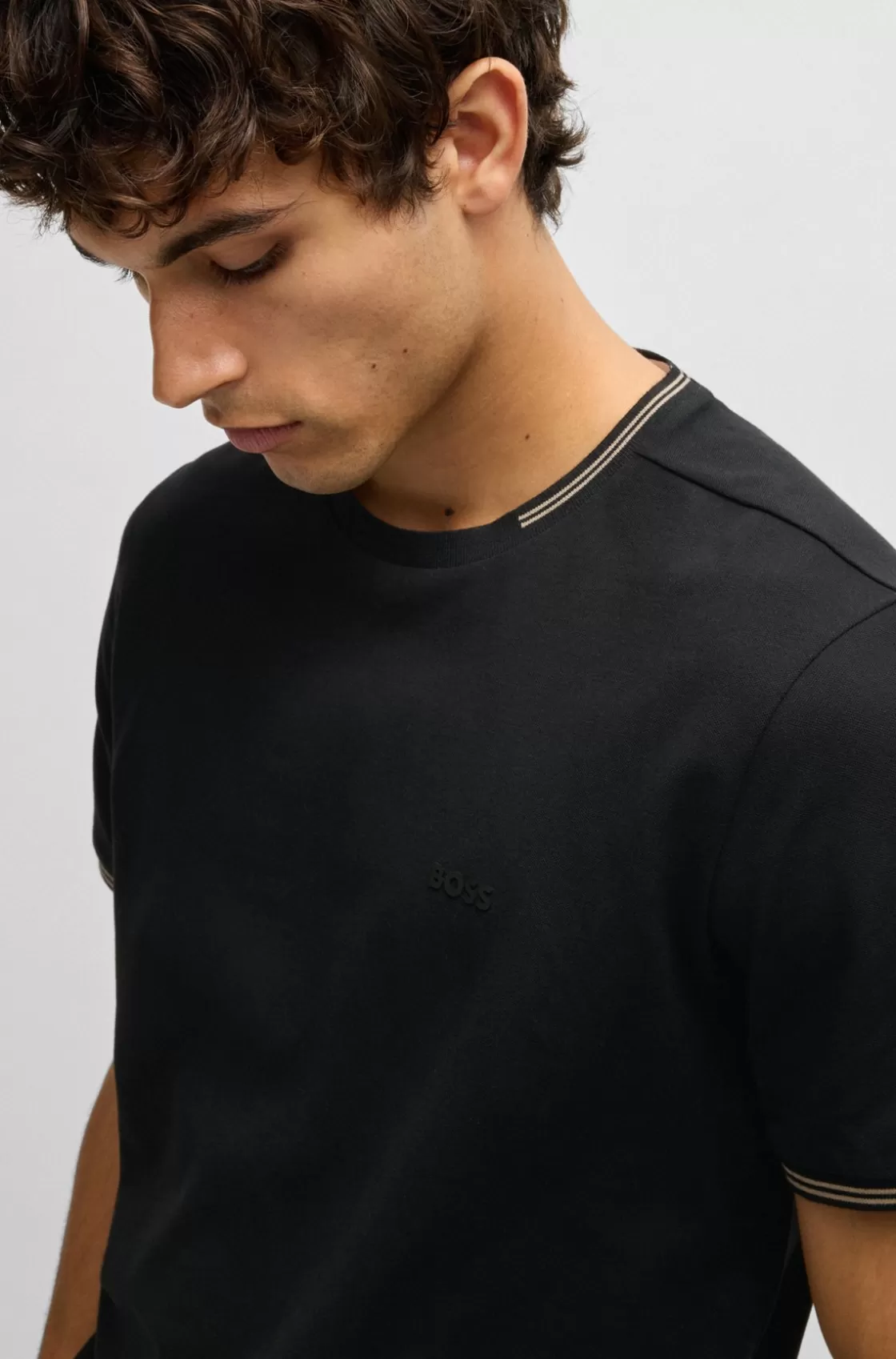 HUGO BOSS Stretch-cotton Regular-fit T-shirt With Contrast Logo Black Hot